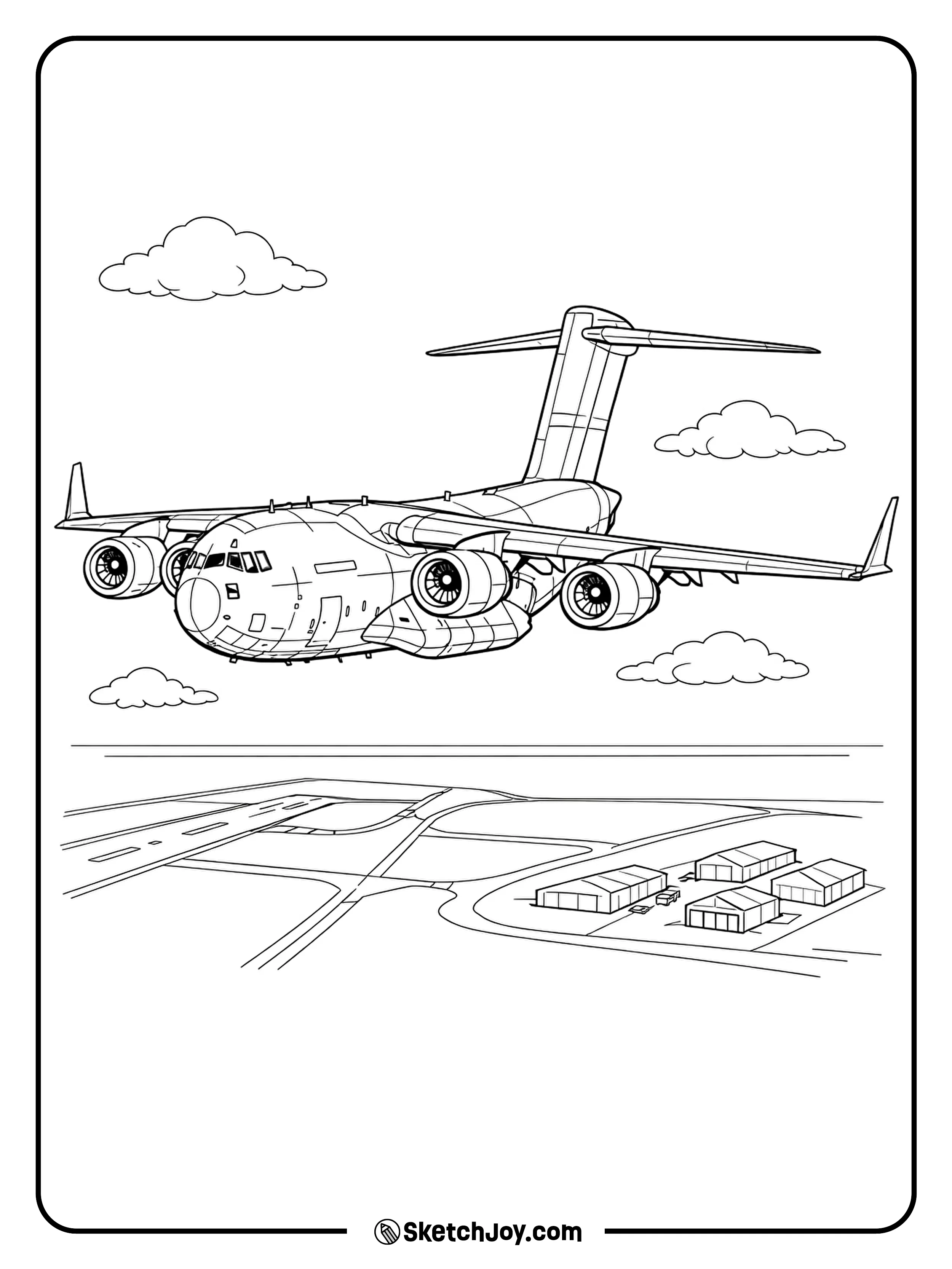 A C-17 flies above a simple airfield with runways below.