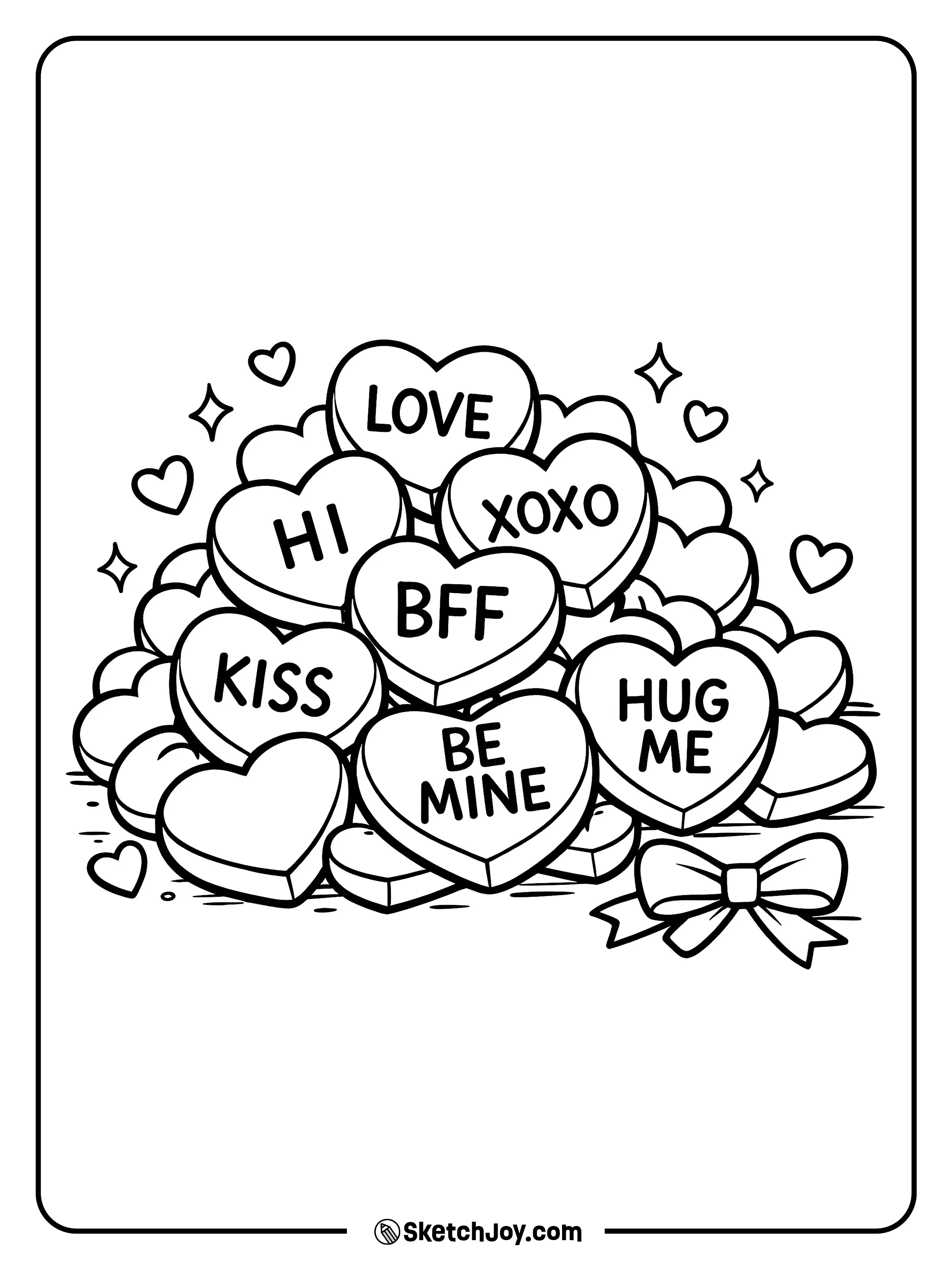 A stack of candy hearts shows short sweet words.