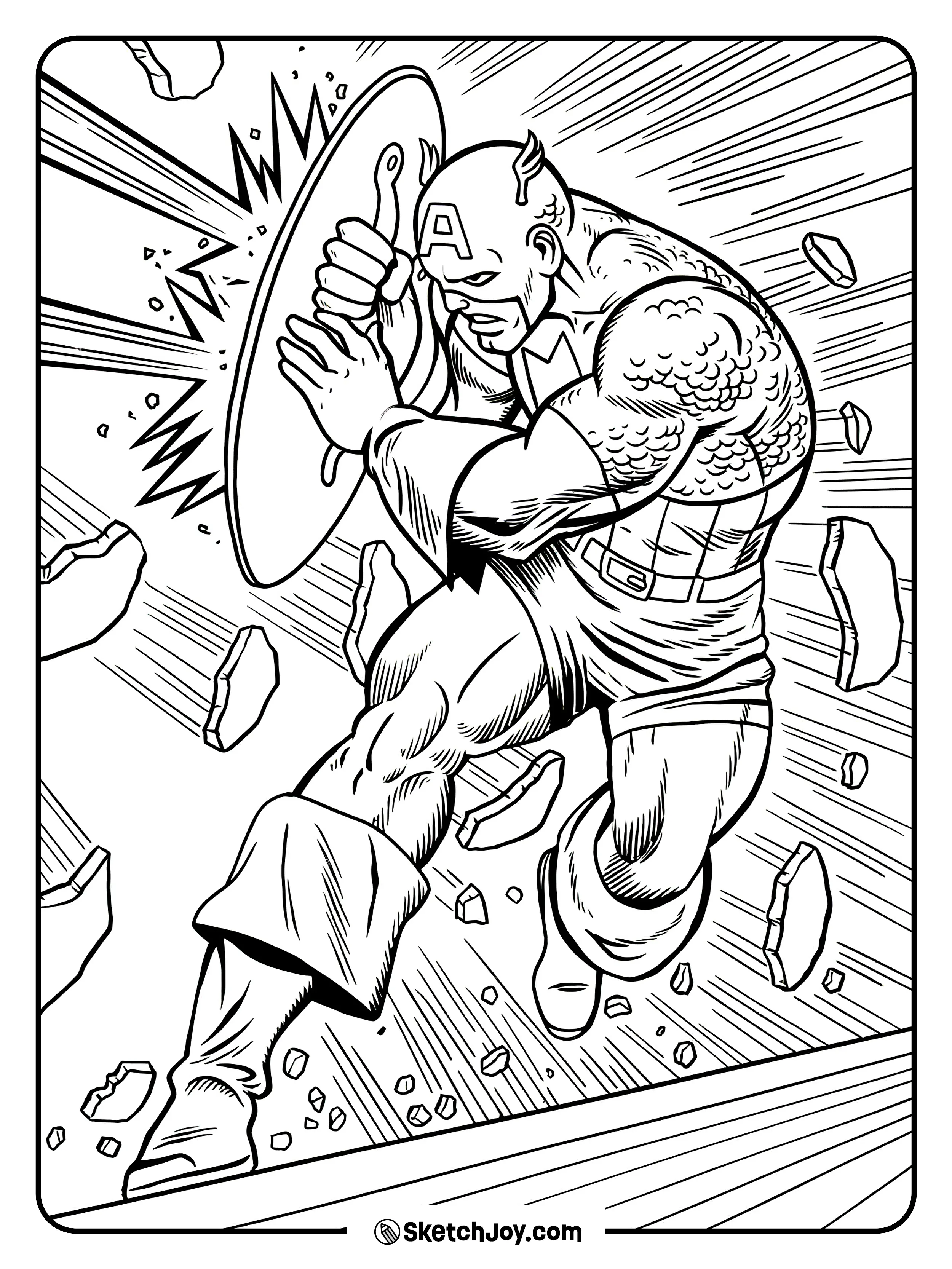 Captain America braces behind his shield as debris bursts around him.