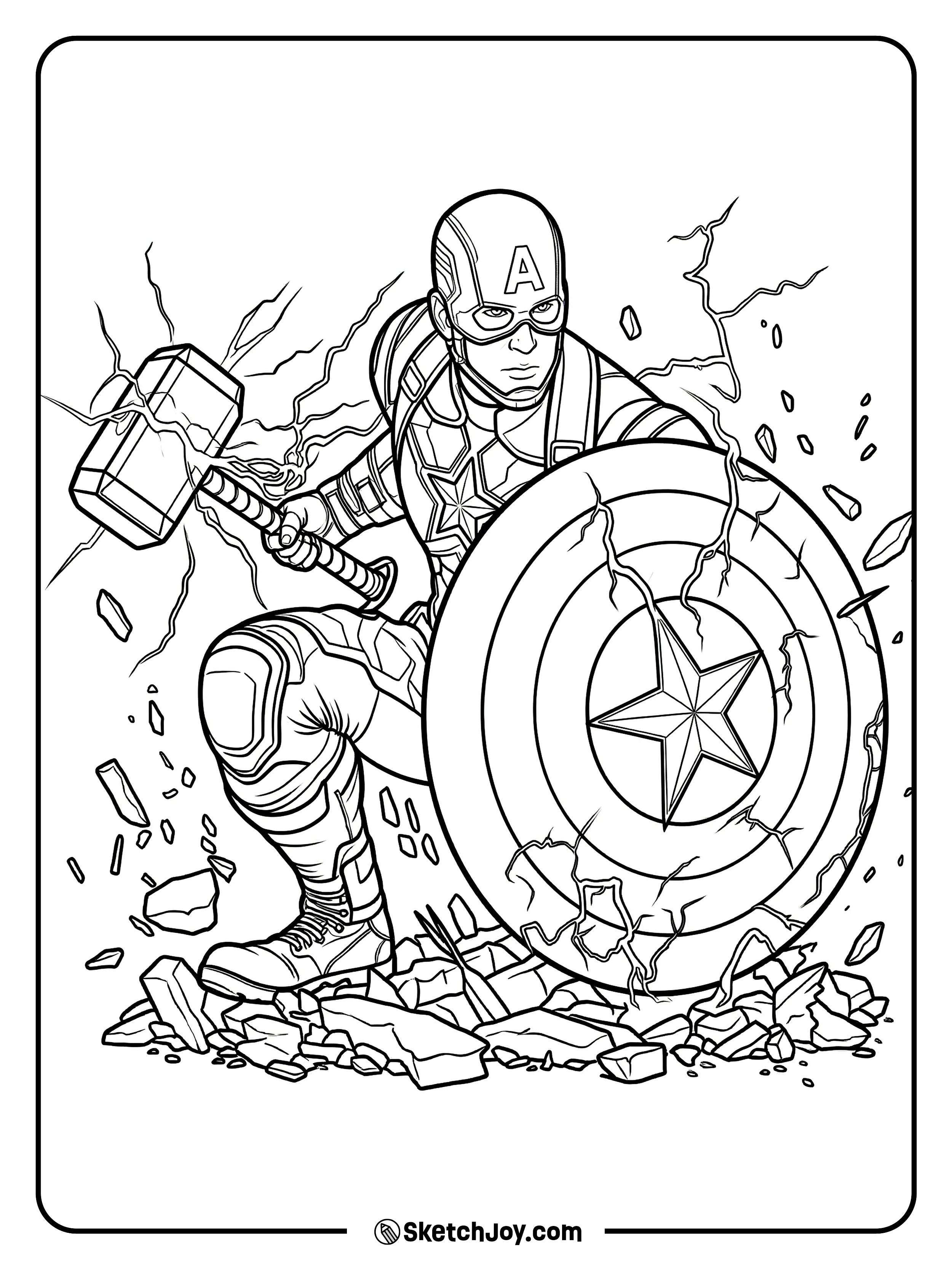 Captain America crouches with a hammer and a cracked shield as rocks fly.