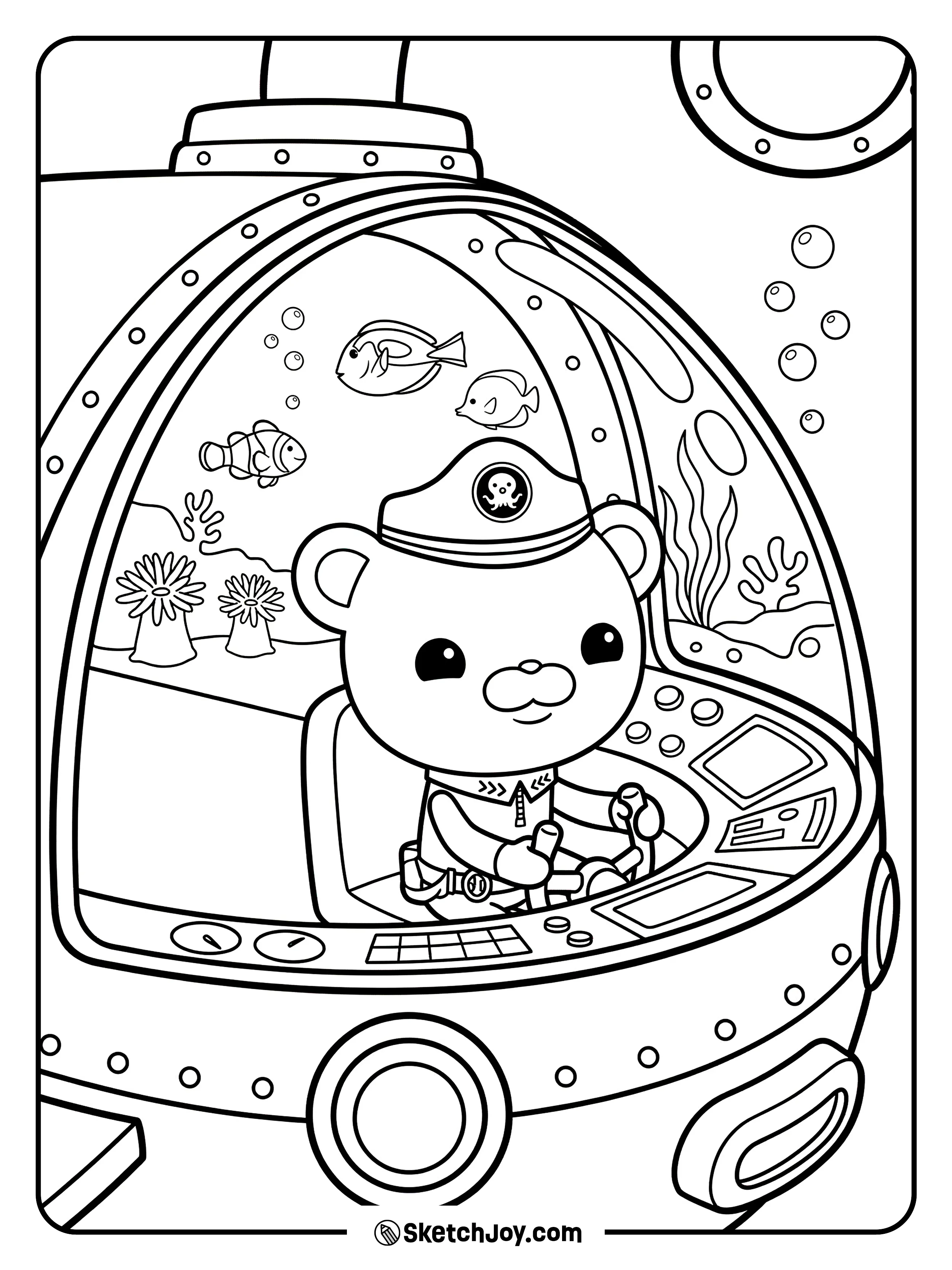 Captain Barnacles steers the GUP-A past a simple coral reef with a few fish.