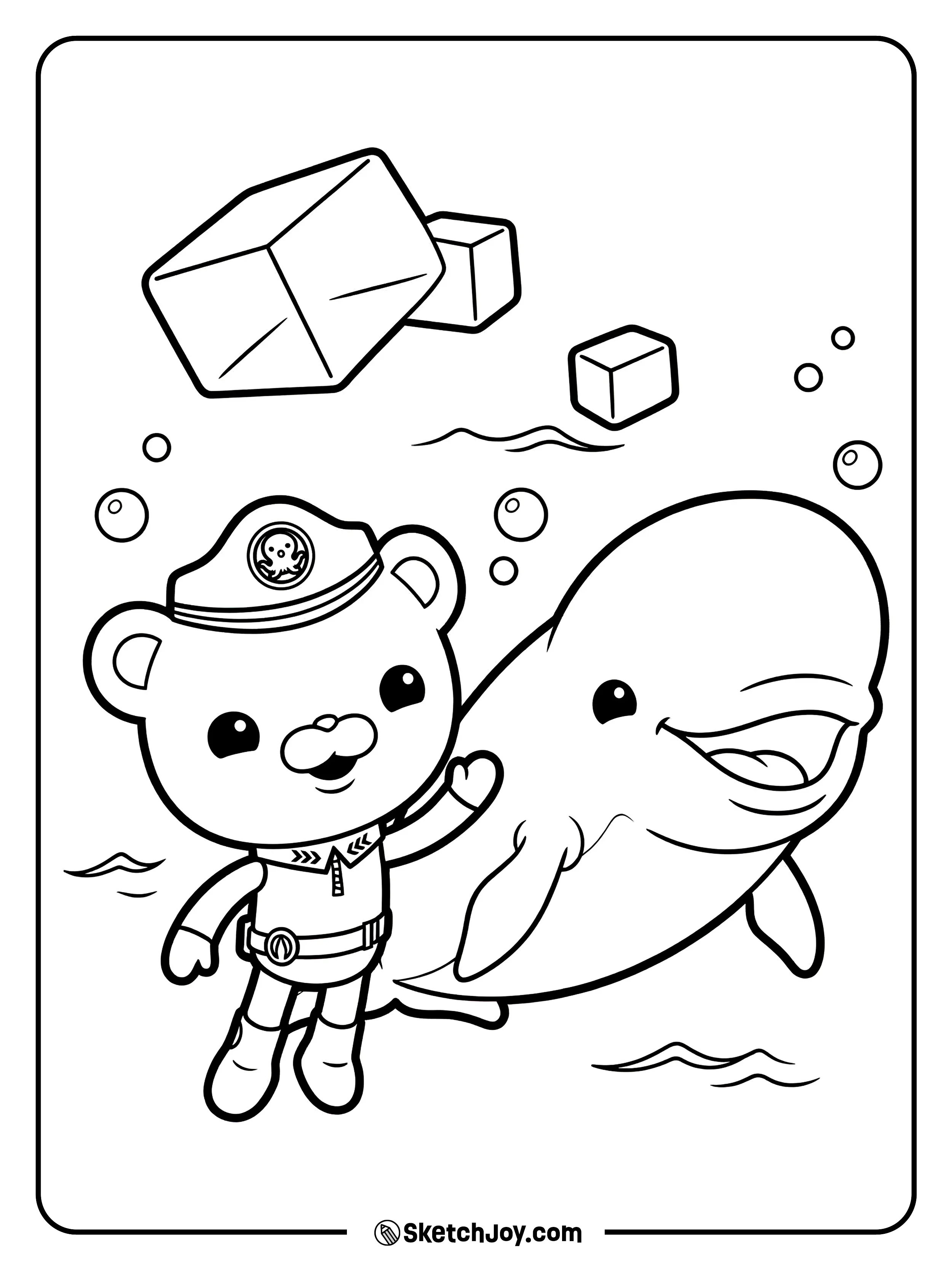 Captain Barnacles greets a beluga whale near simple ice shapes.