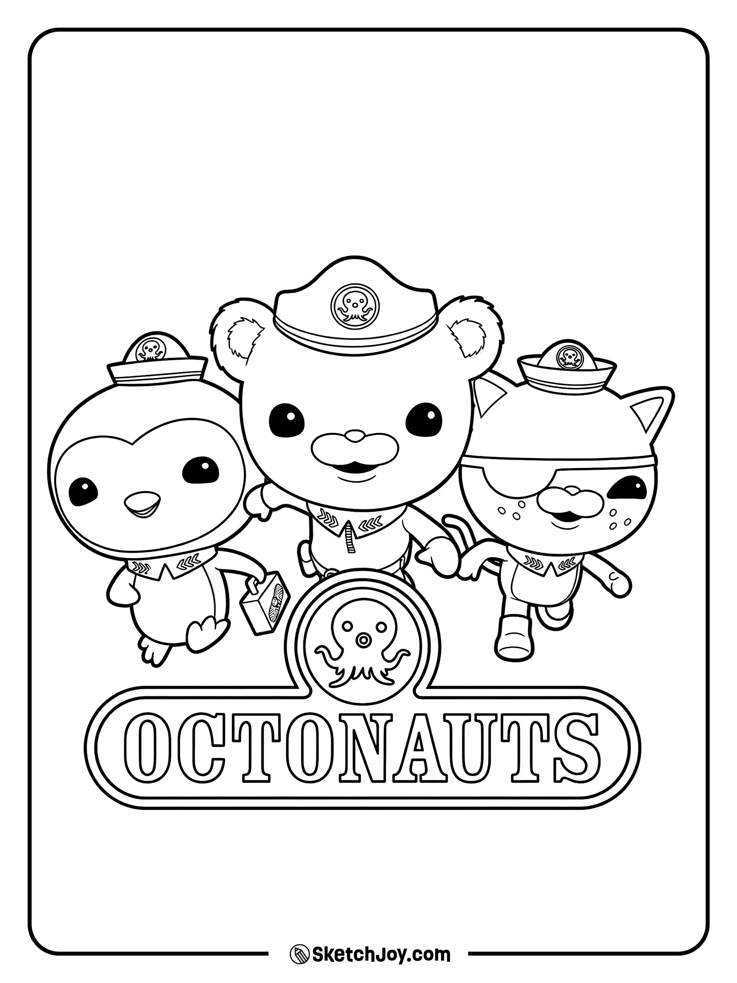 Captain Barnacles stands with Peso and Kwazii above the Octonauts logo.