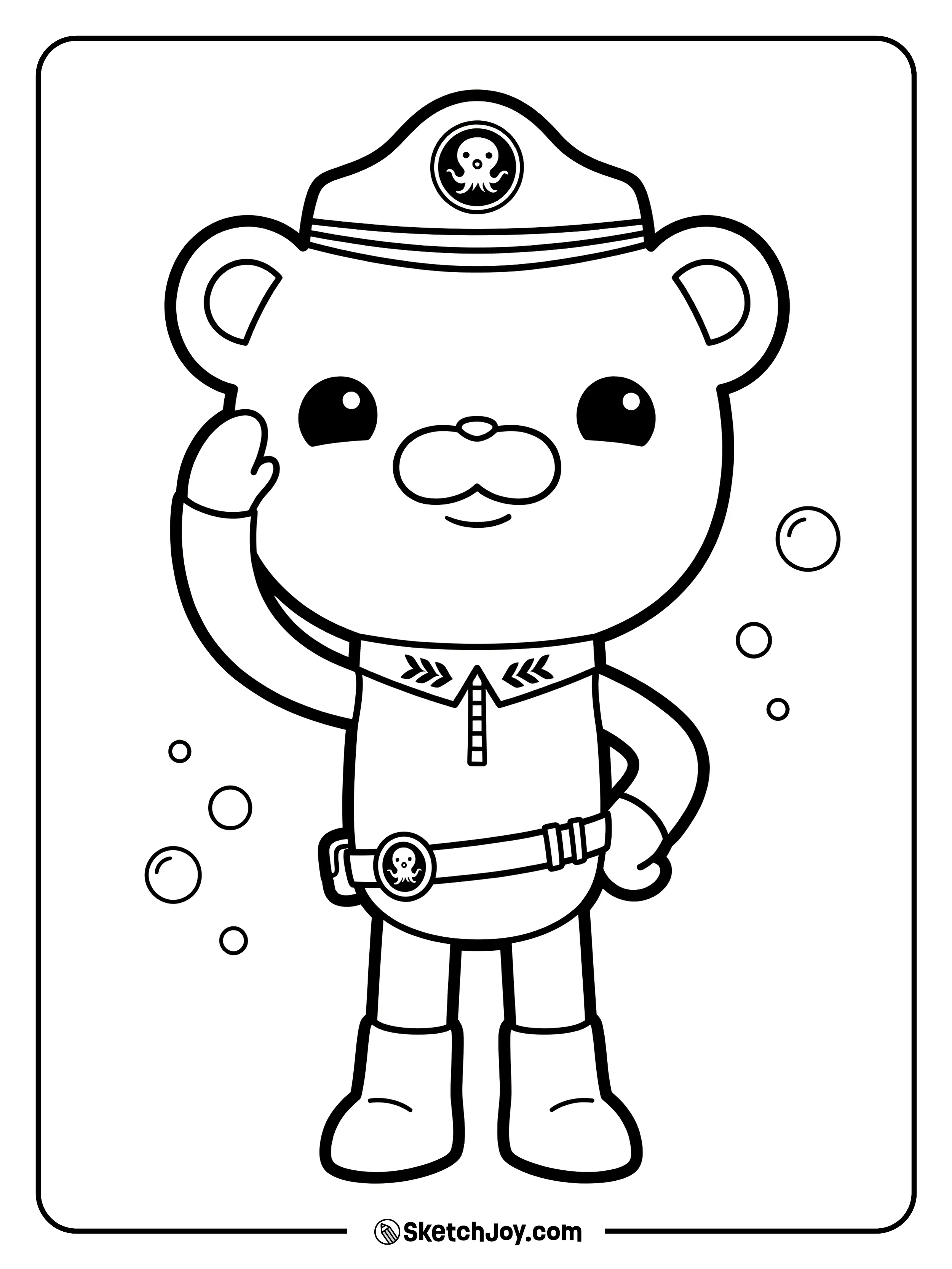 Captain Barnacles stands tall and salutes with a big smile.