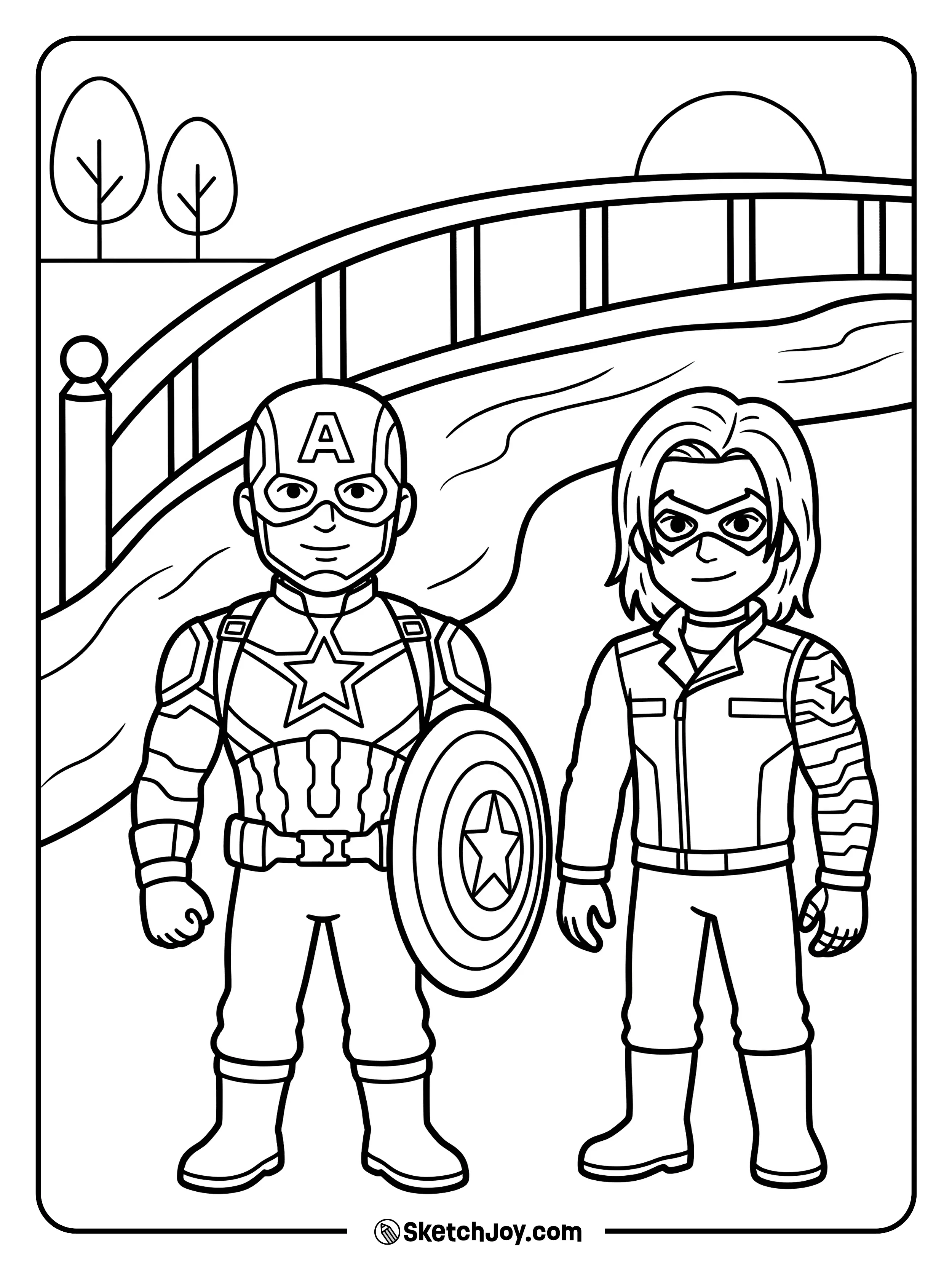 Two friends stand together and look ahead.