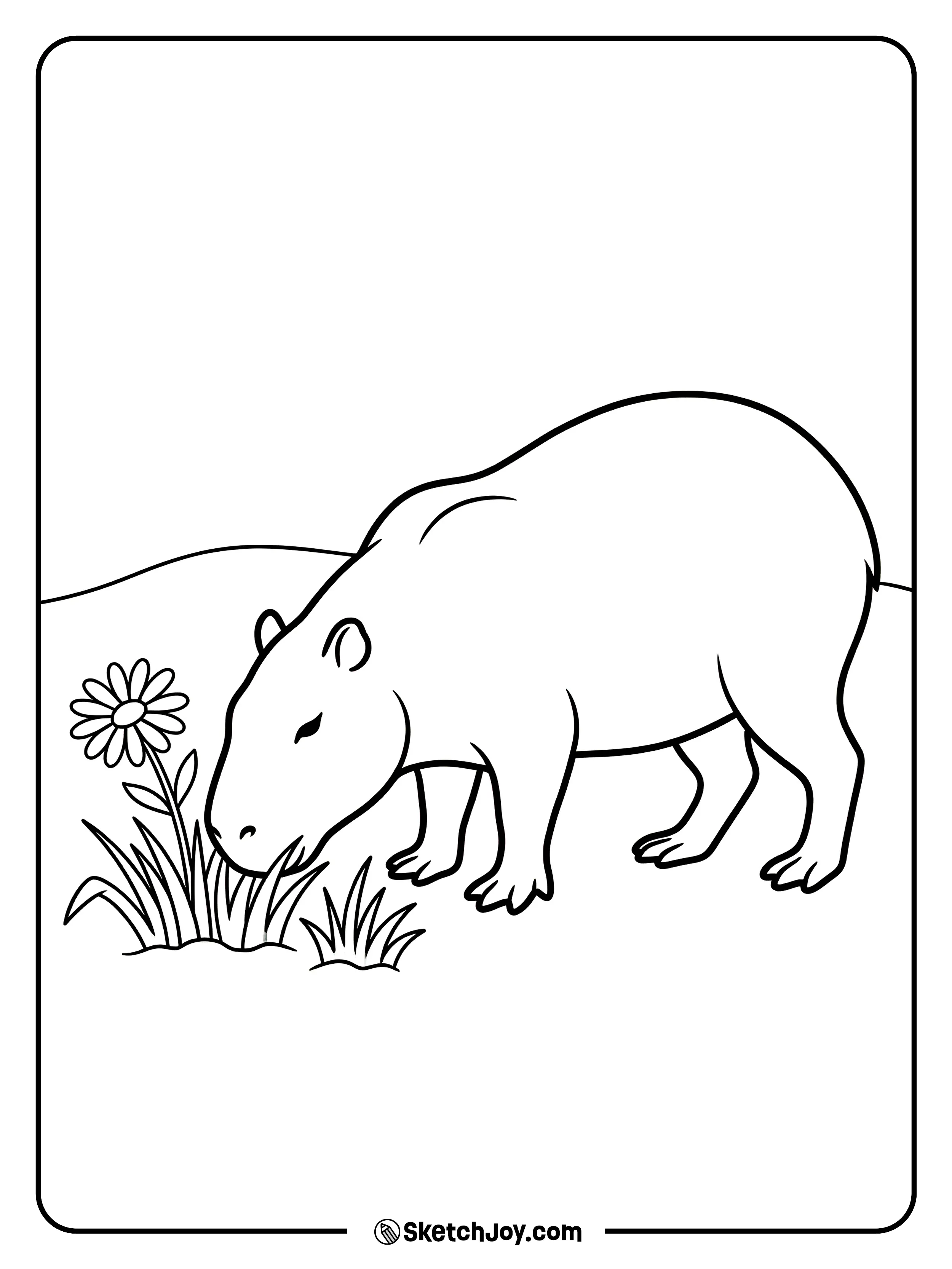 A capybara munches grass in a wide, open field.