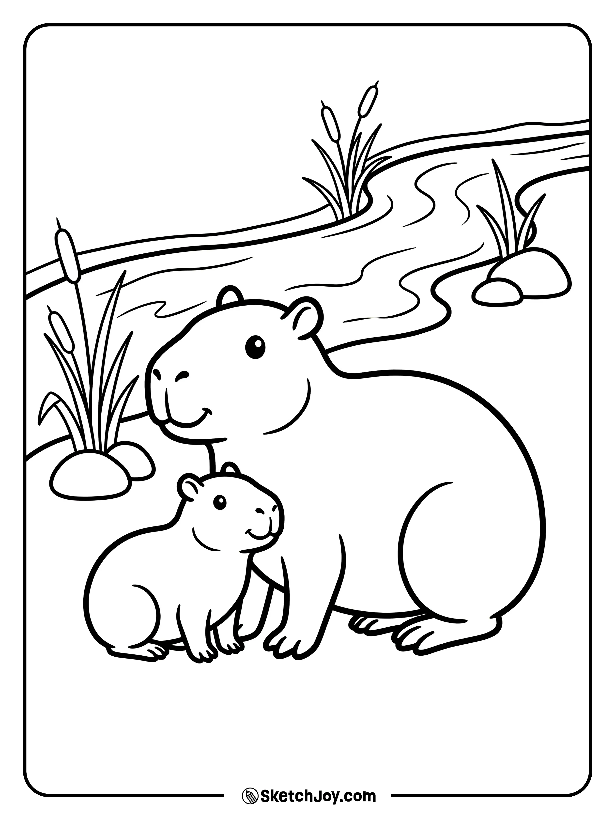 A big capybara and a baby stand close near calm water.