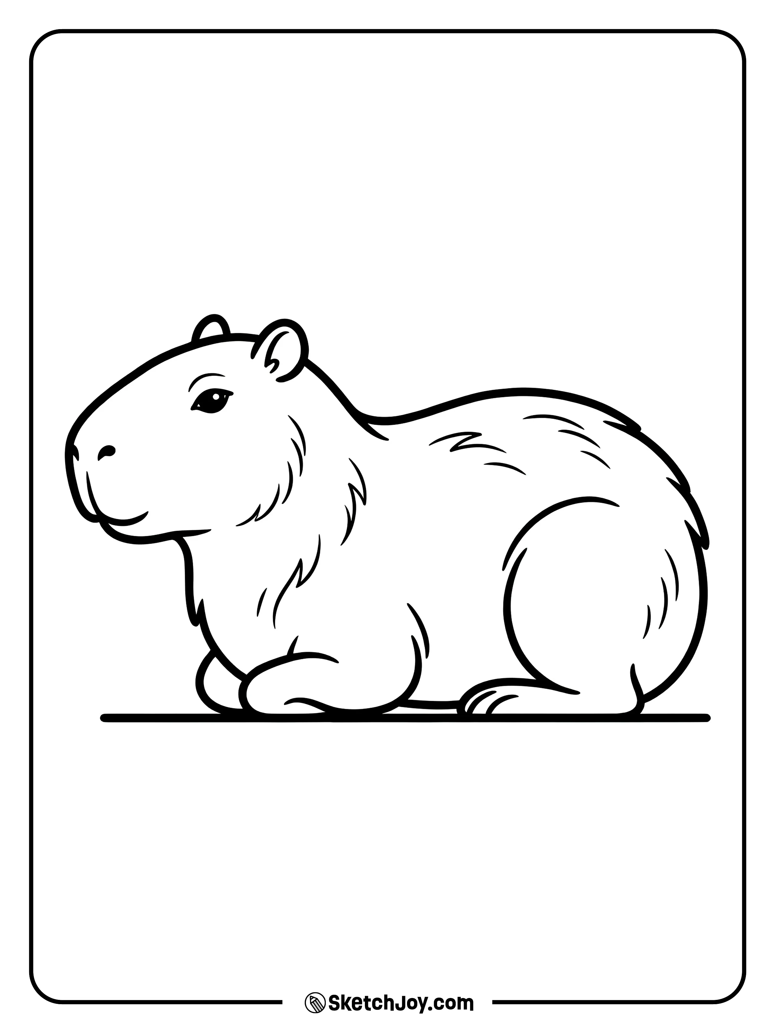 A capybara rests low to the ground in a comfy pose.