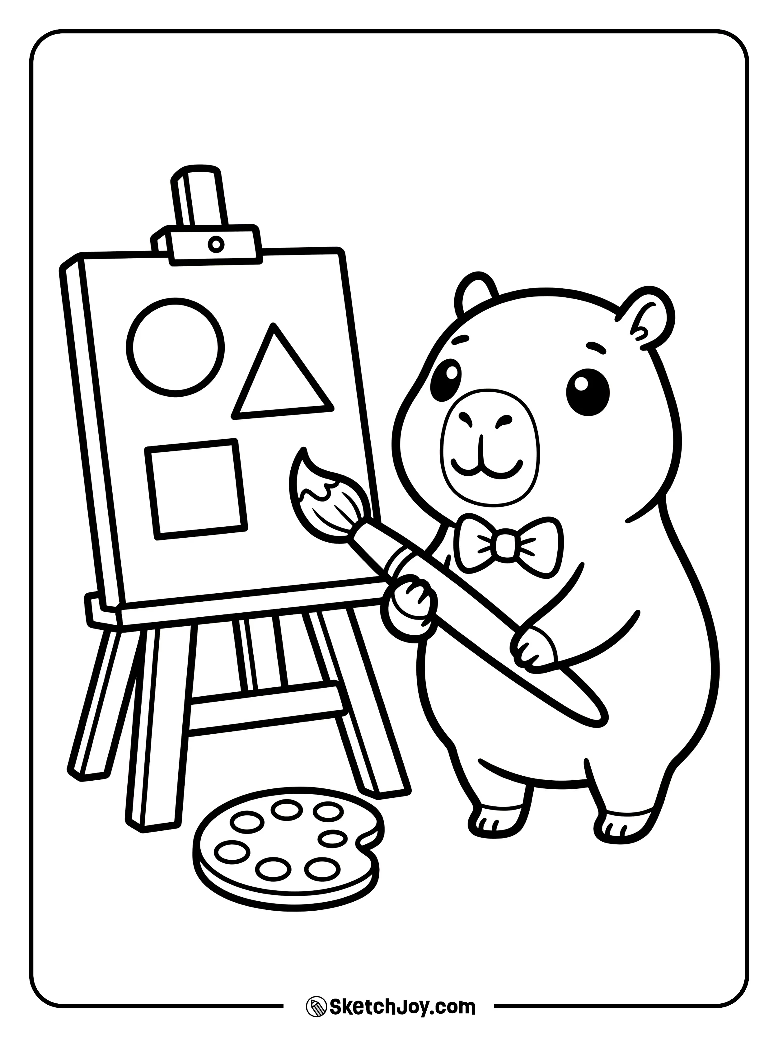 A capybara paints simple shapes on a small easel.