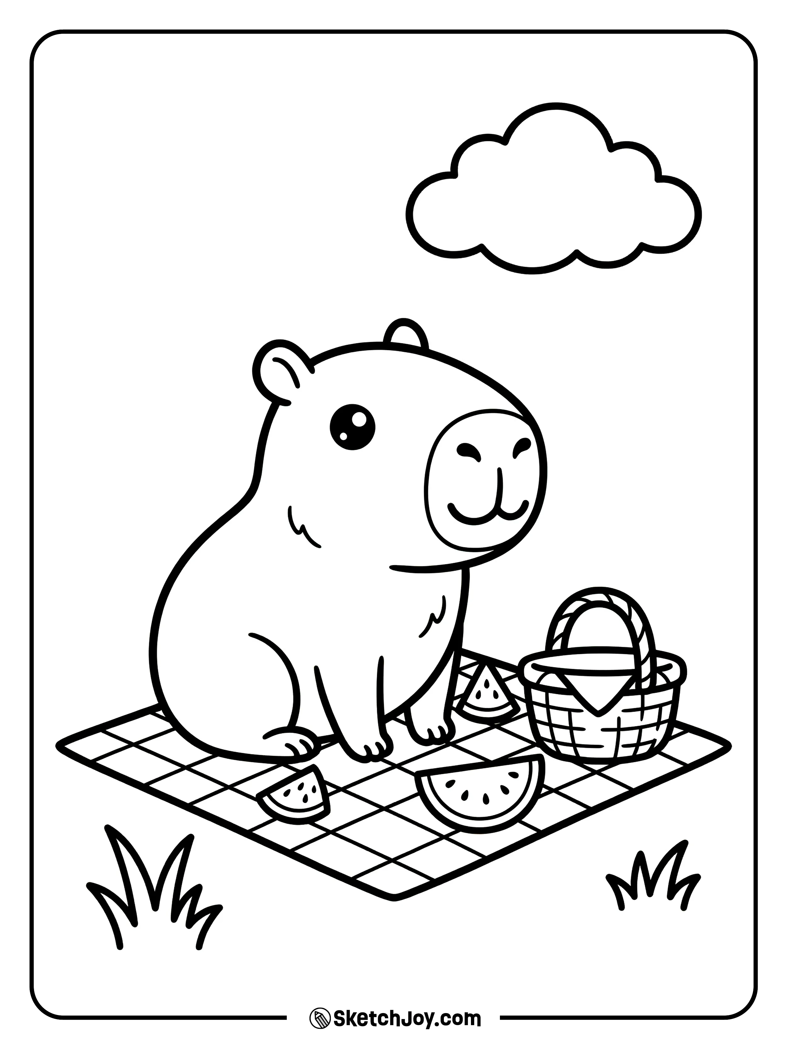 A capybara enjoys a picnic with big fruit slices on a blanket.