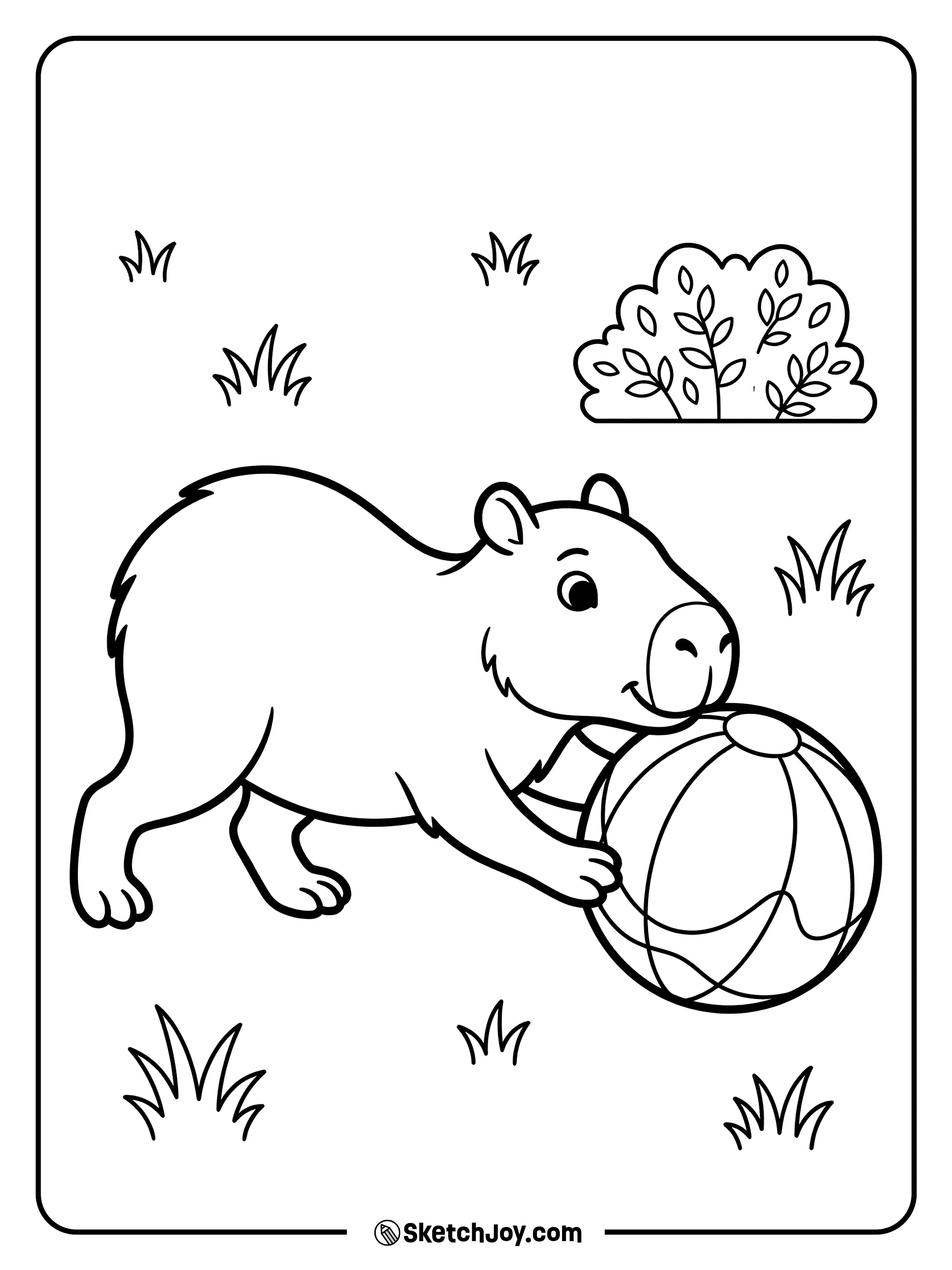 A capybara taps a big ball on a grassy spot.