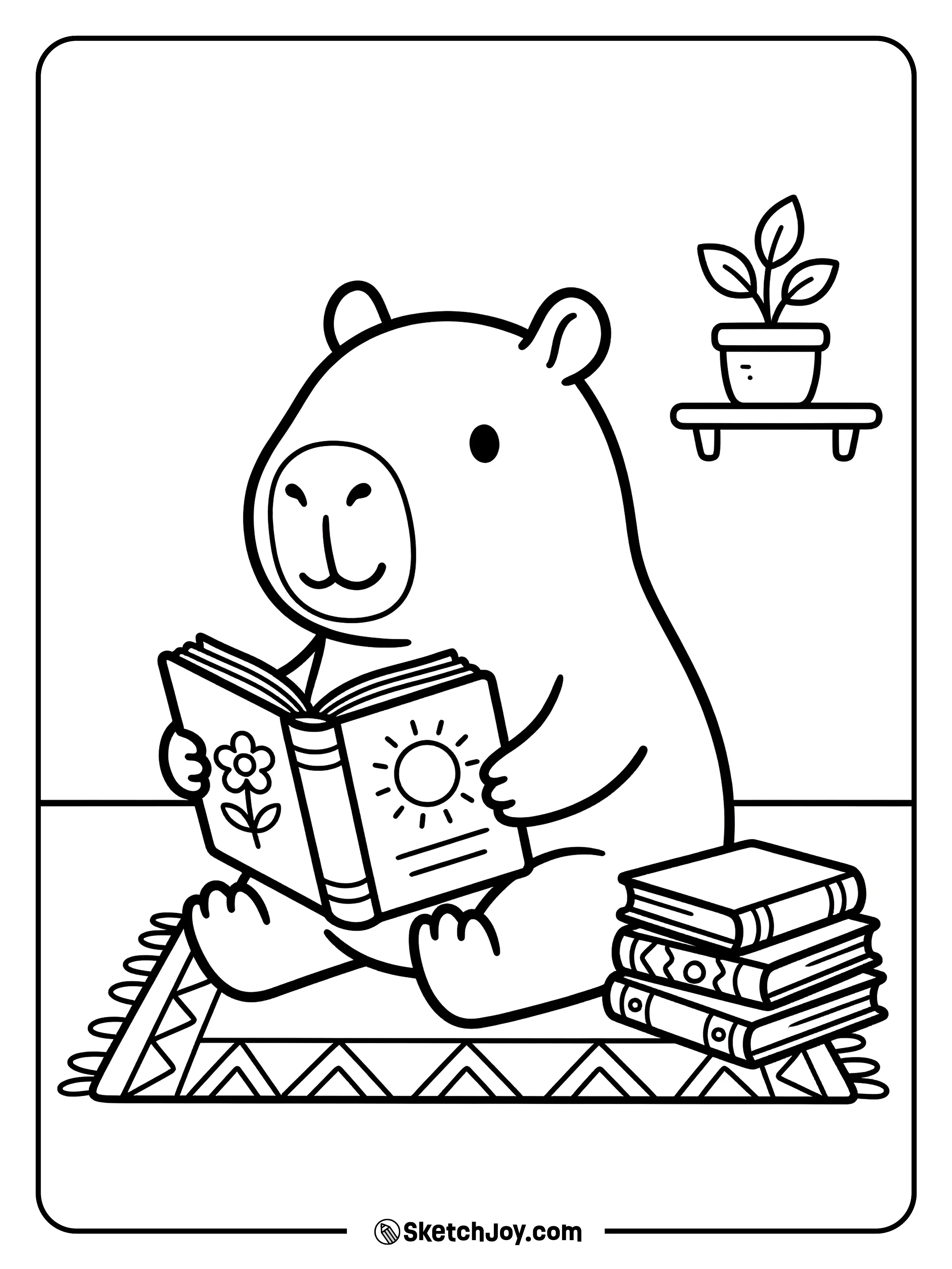 A capybara reads a book while sitting on a soft mat.