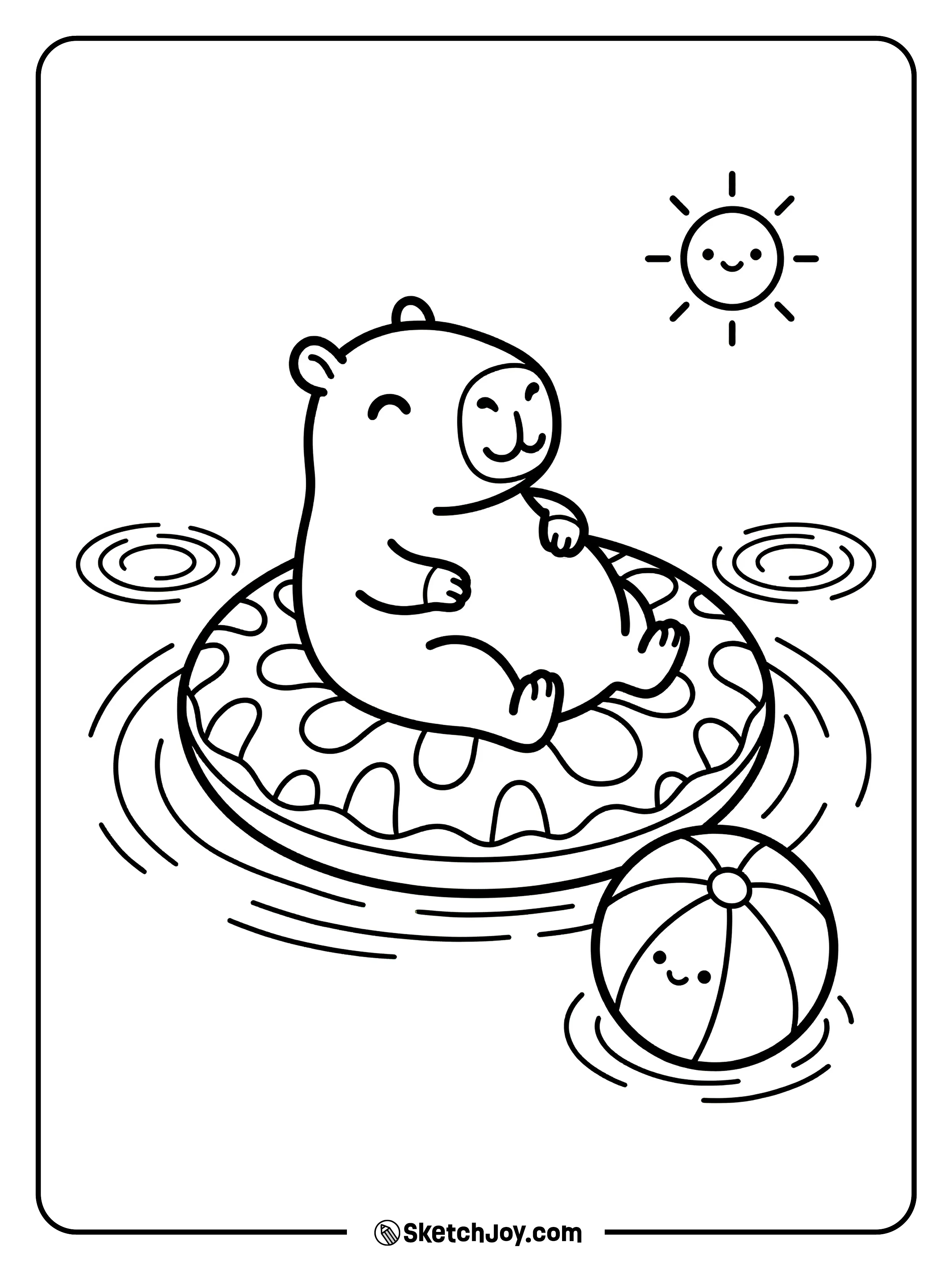 A capybara lounges on a float in a small pool.