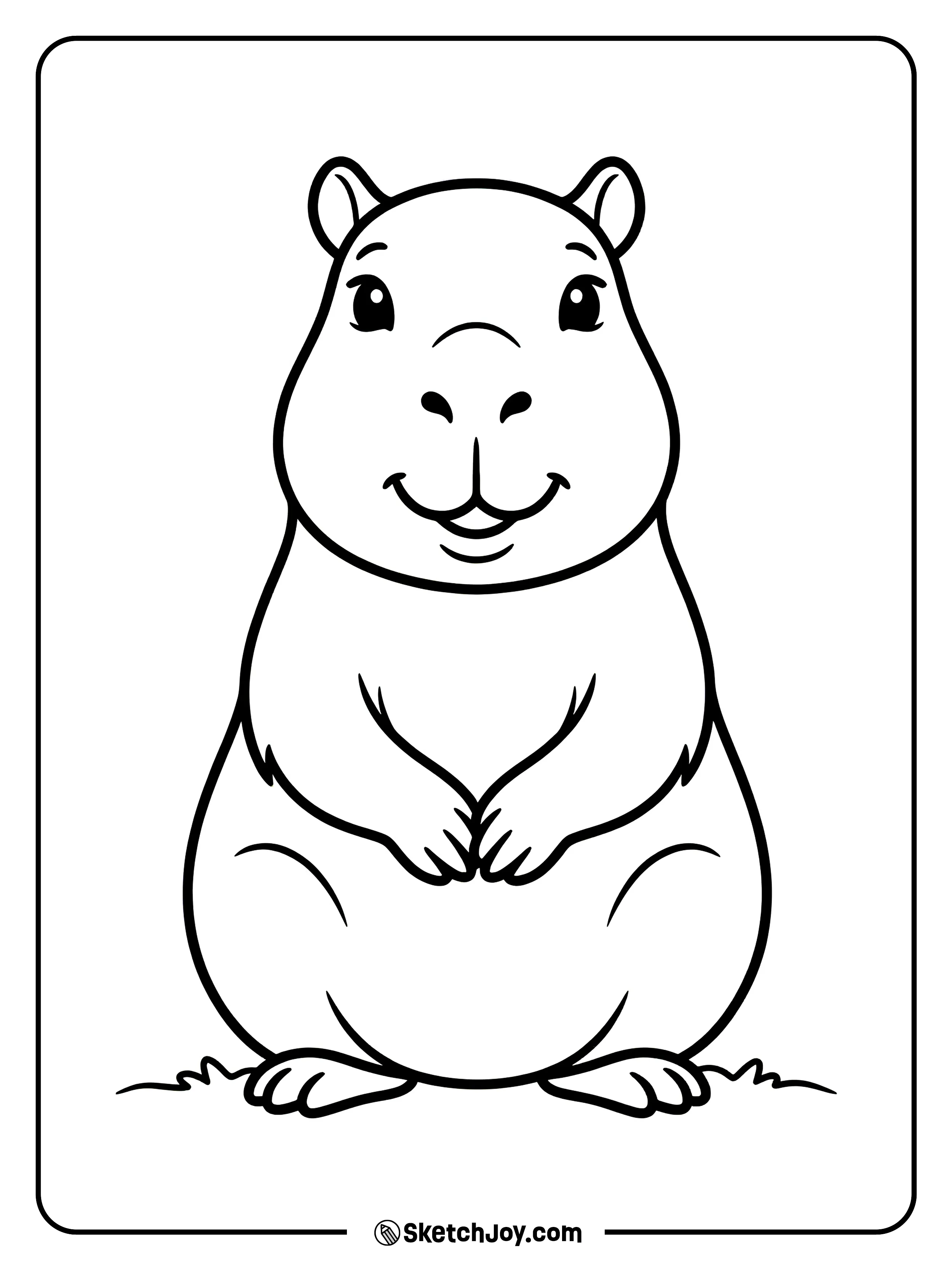 A capybara sits with paws together like it is waiting calmly.