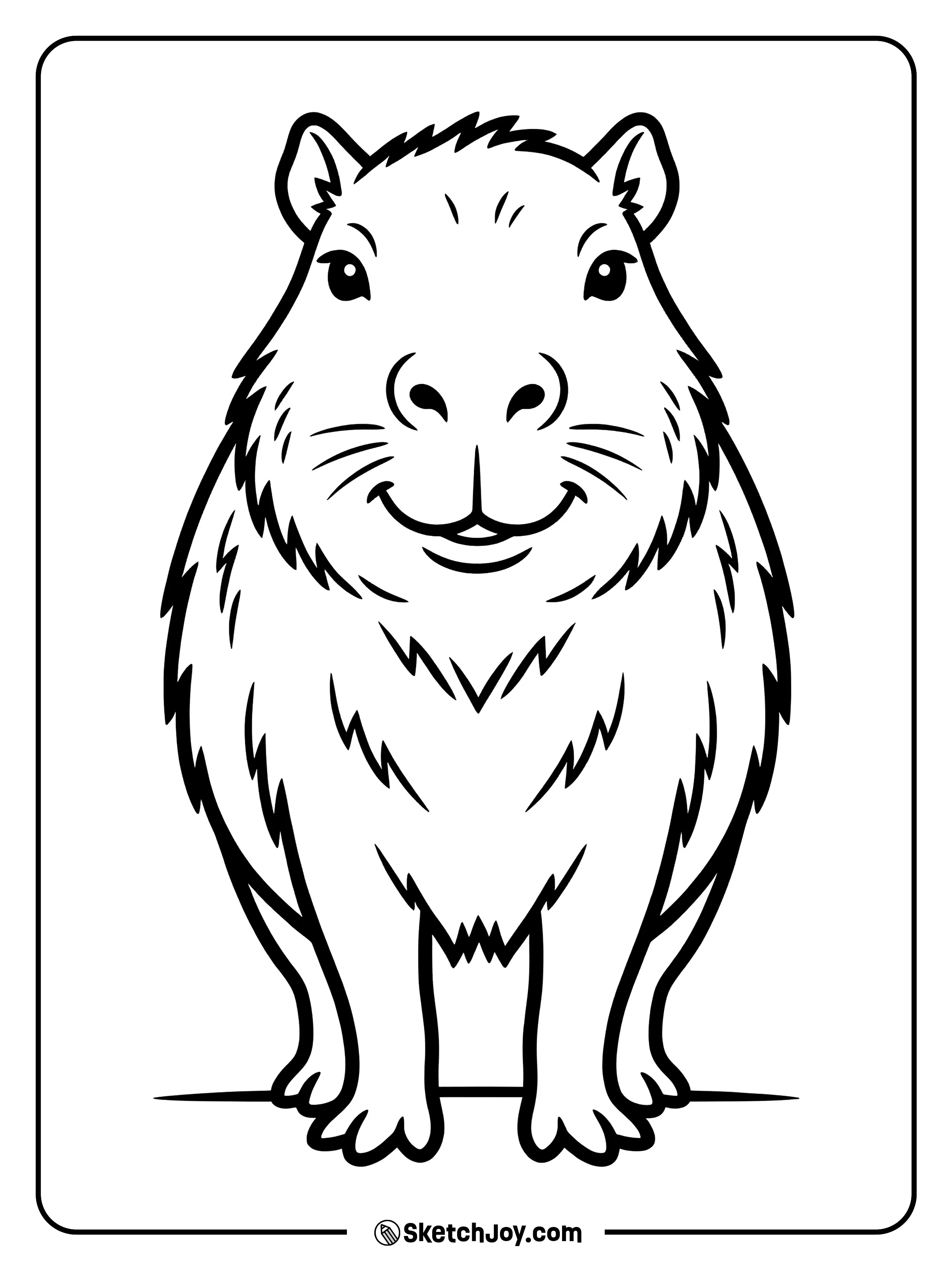 A capybara faces forward with a calm, friendly smile.