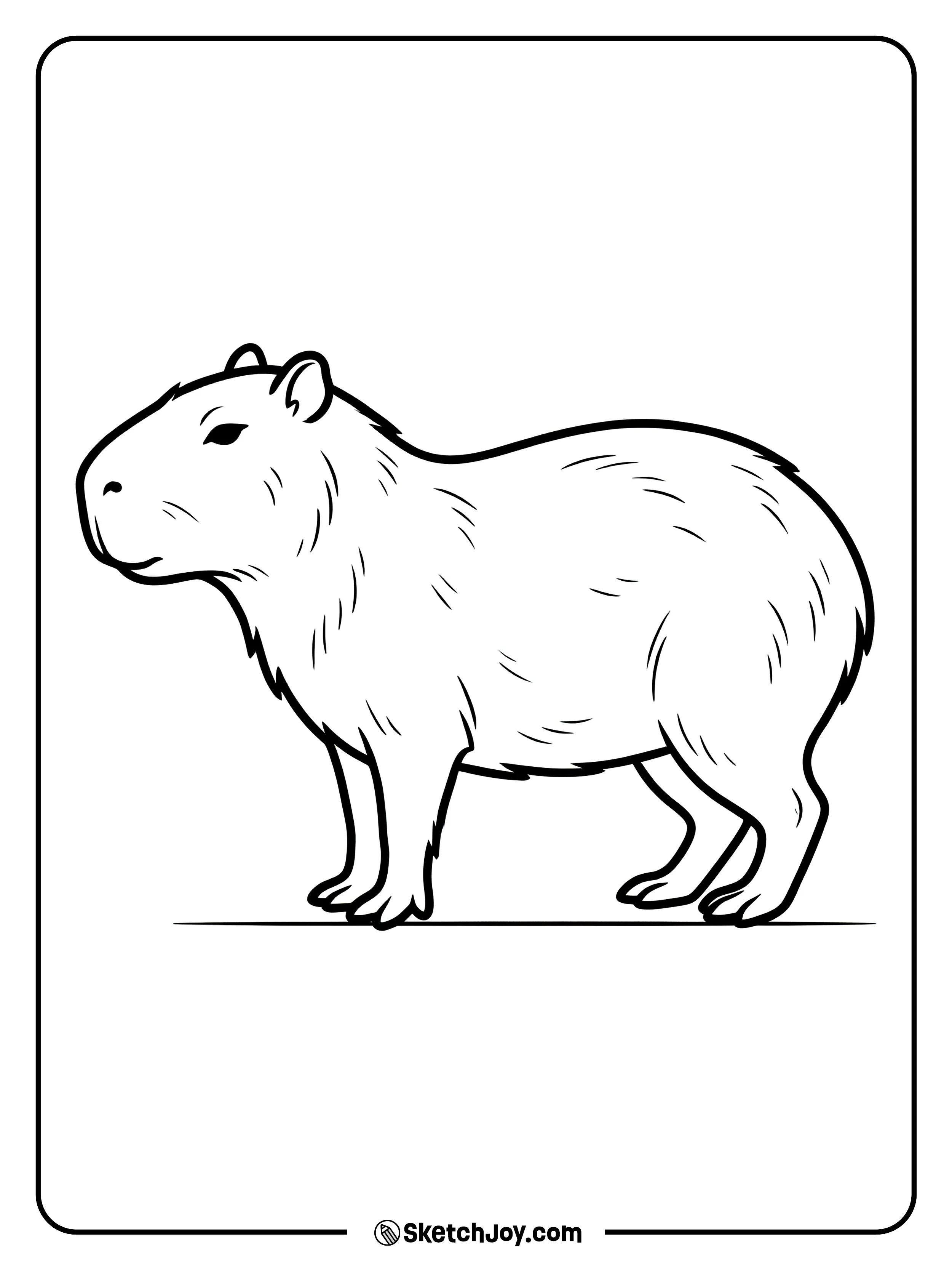 A capybara stands still in a clean, simple pose.