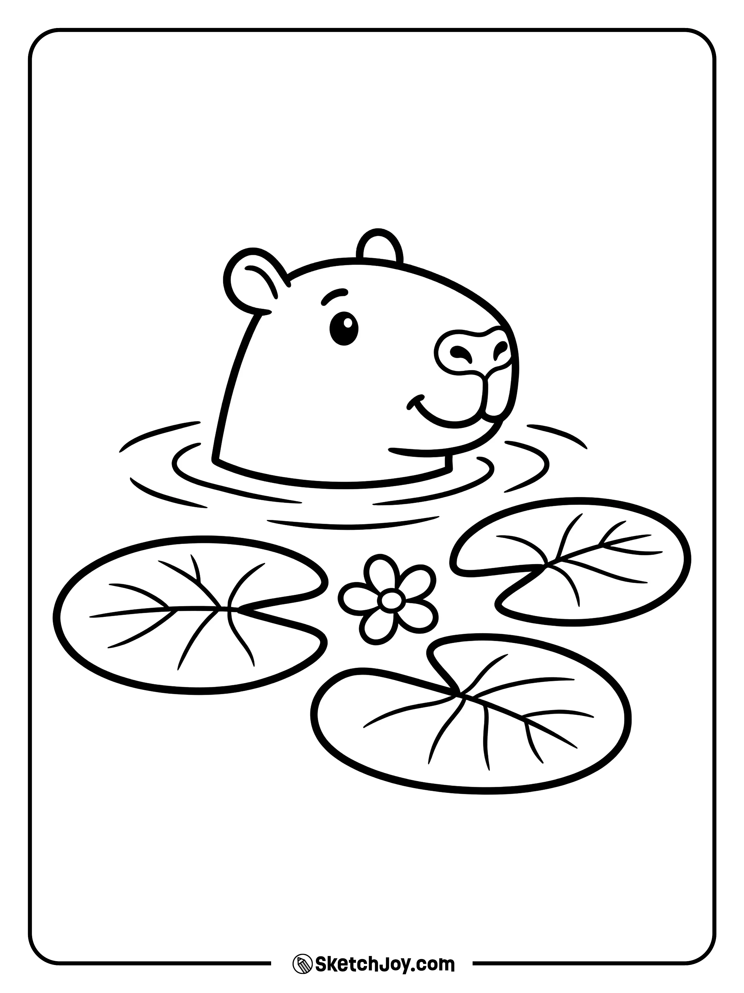 A capybara swims slowly as lily pads float on the water.