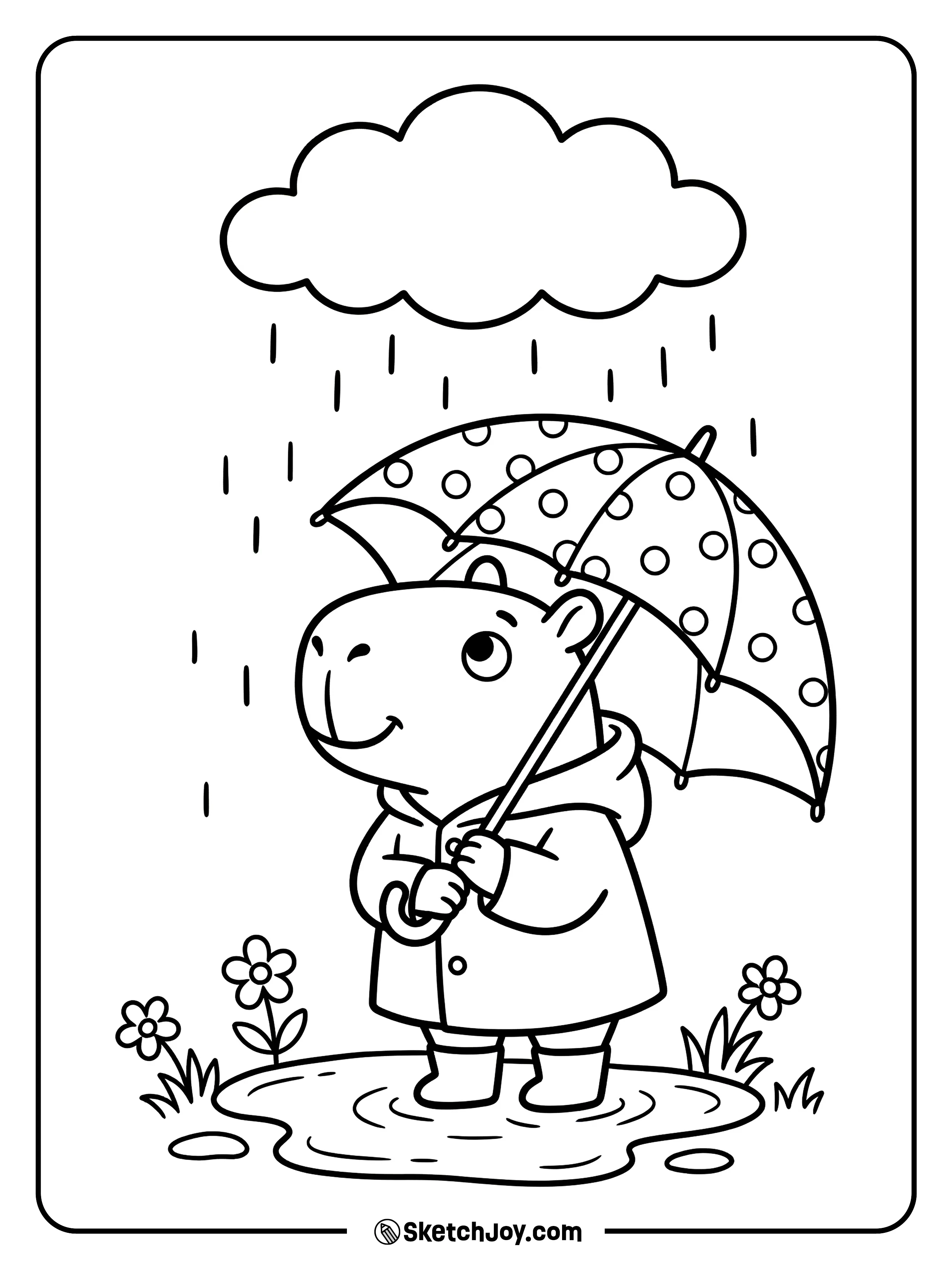 A capybara stays dry under an umbrella while rain falls.