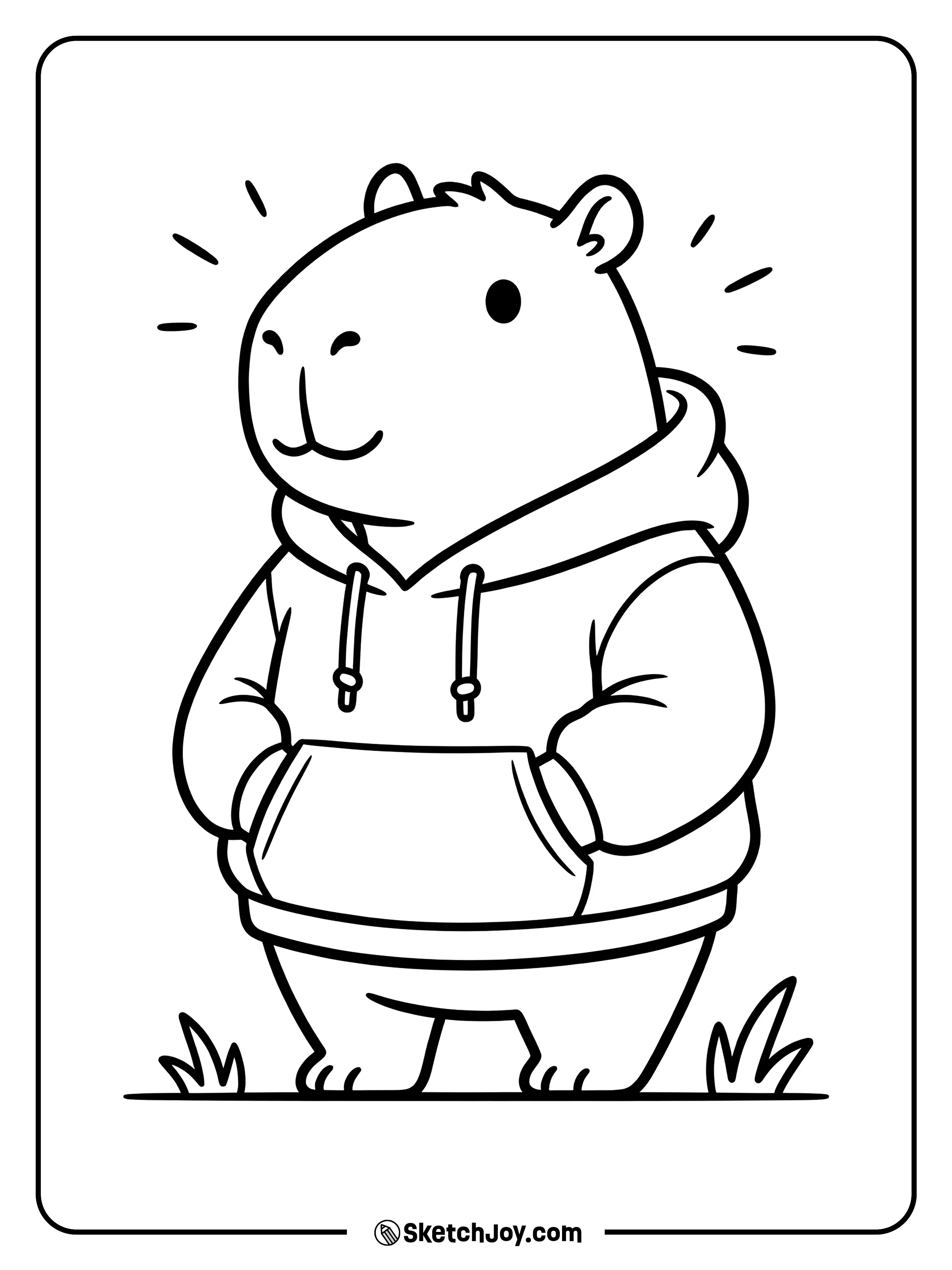 A capybara wears a comfy hoodie and stands with a cool smile.