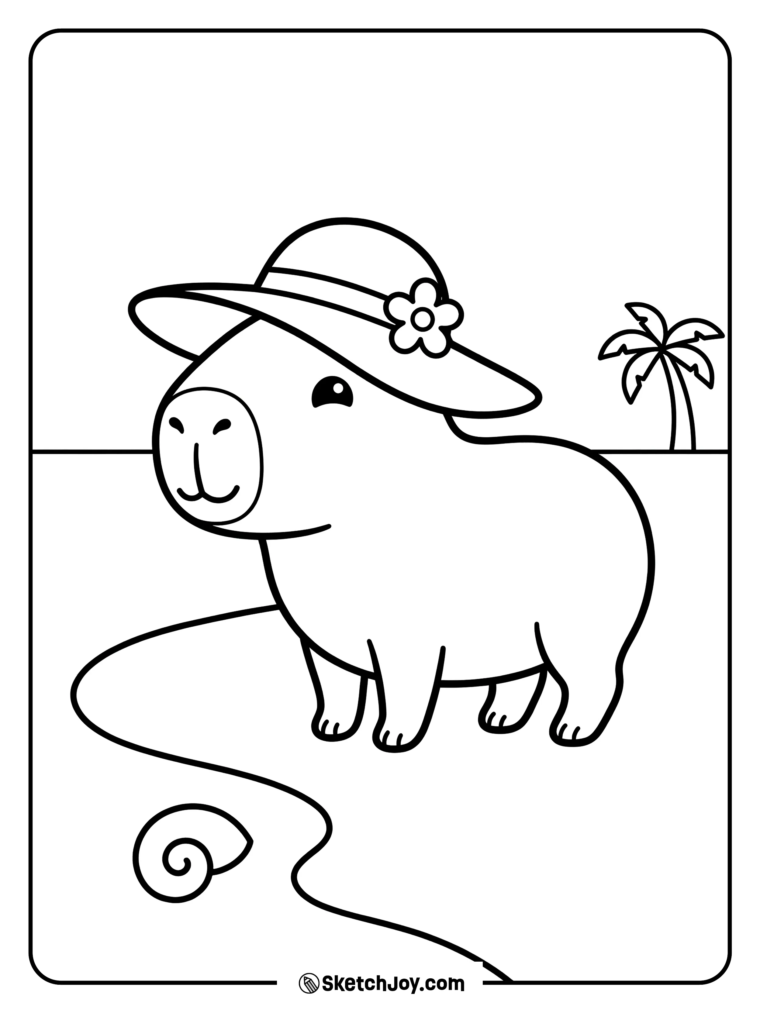 A capybara smiles with a big hat near a simple beach line.