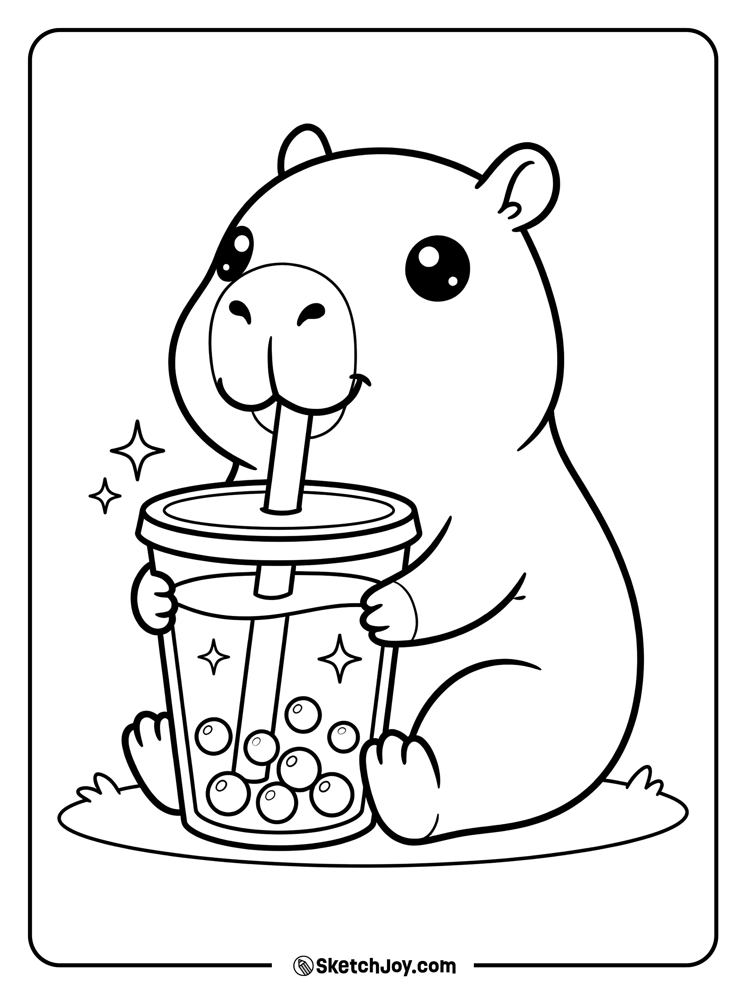 A happy capybara holds a boba cup with big round pearls.