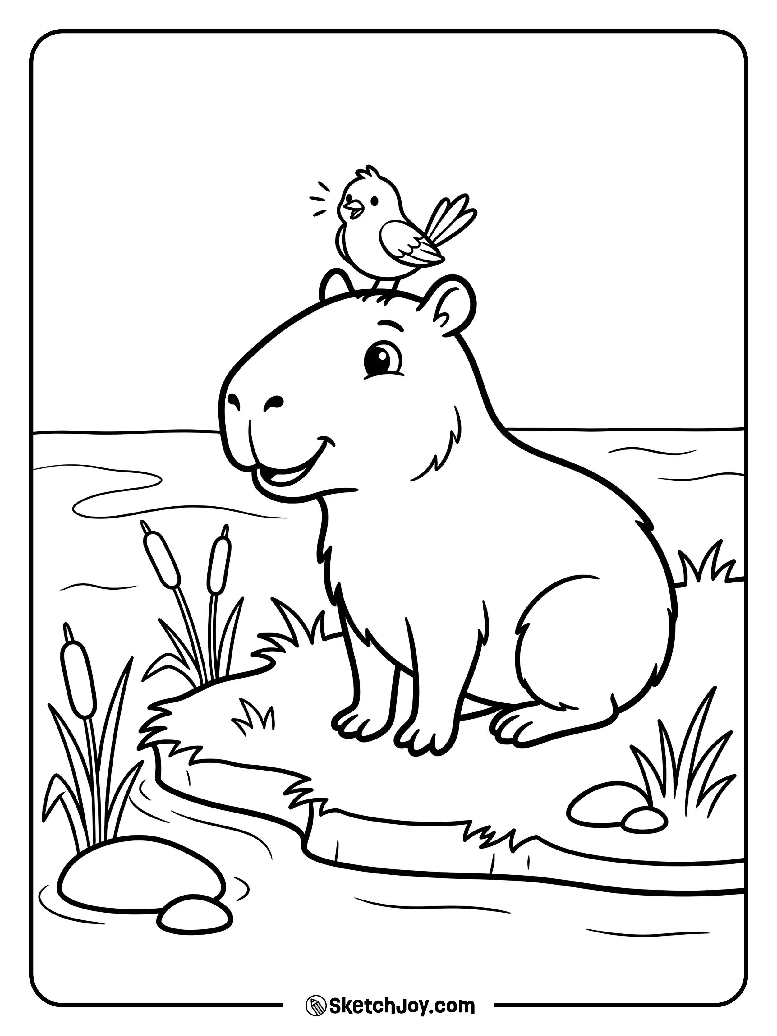 A tiny bird sits on the capybara’s head while they rest near the water.