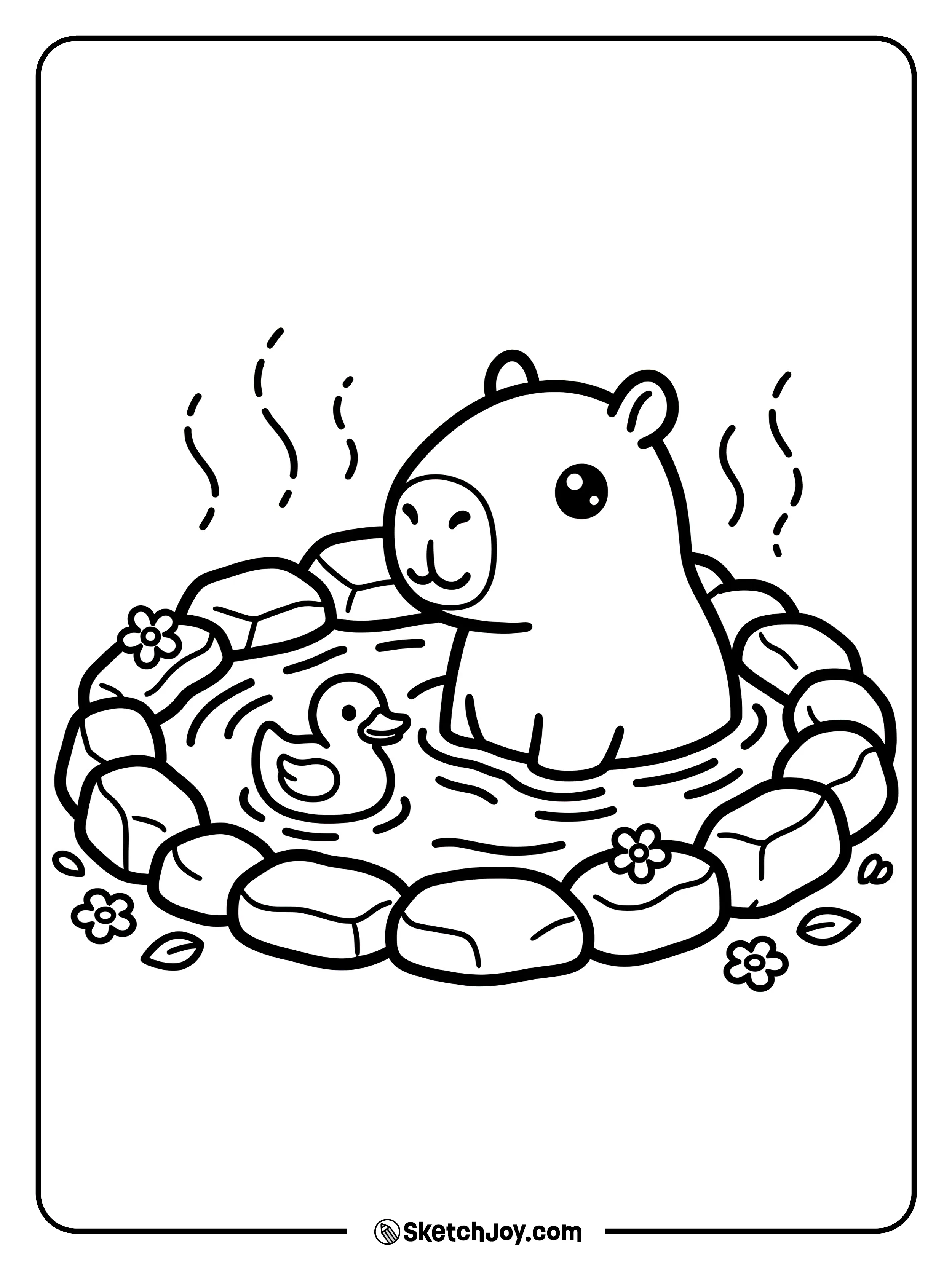 A capybara soaks in water while a rubber duck floats nearby.