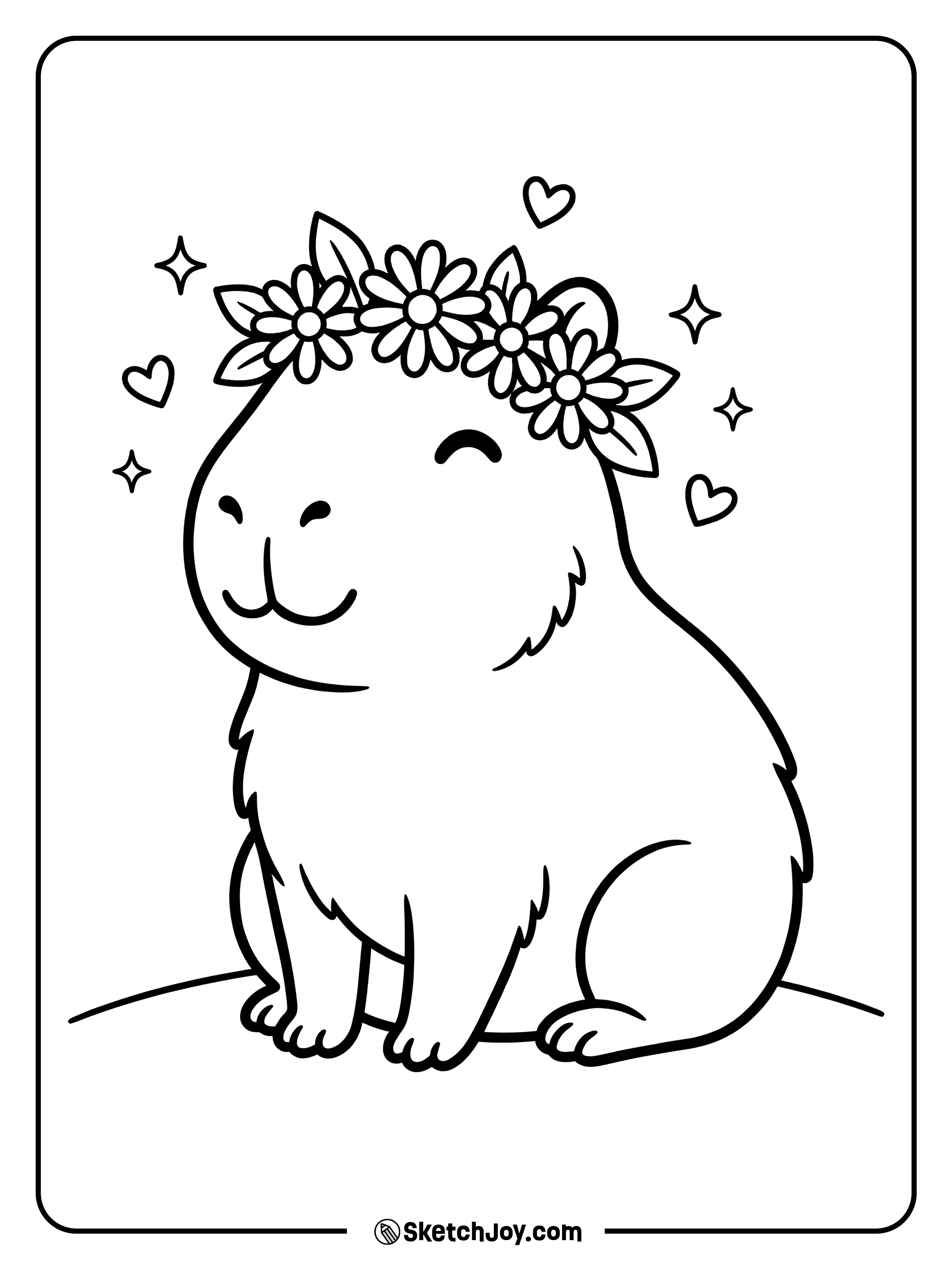 A capybara wears a flower crown and looks calm and proud.