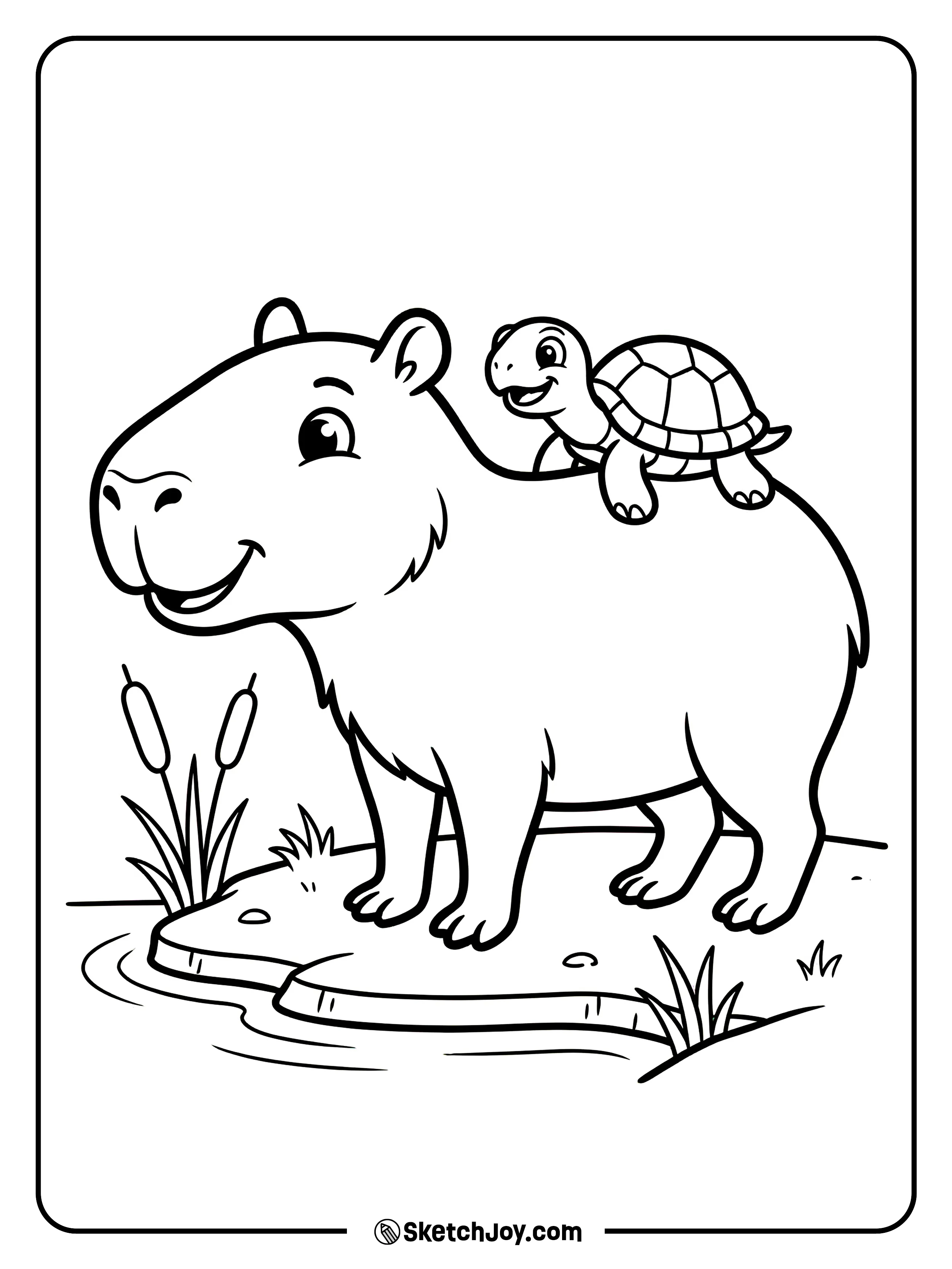 A small turtle rides on the capybara’s back like a buddy.