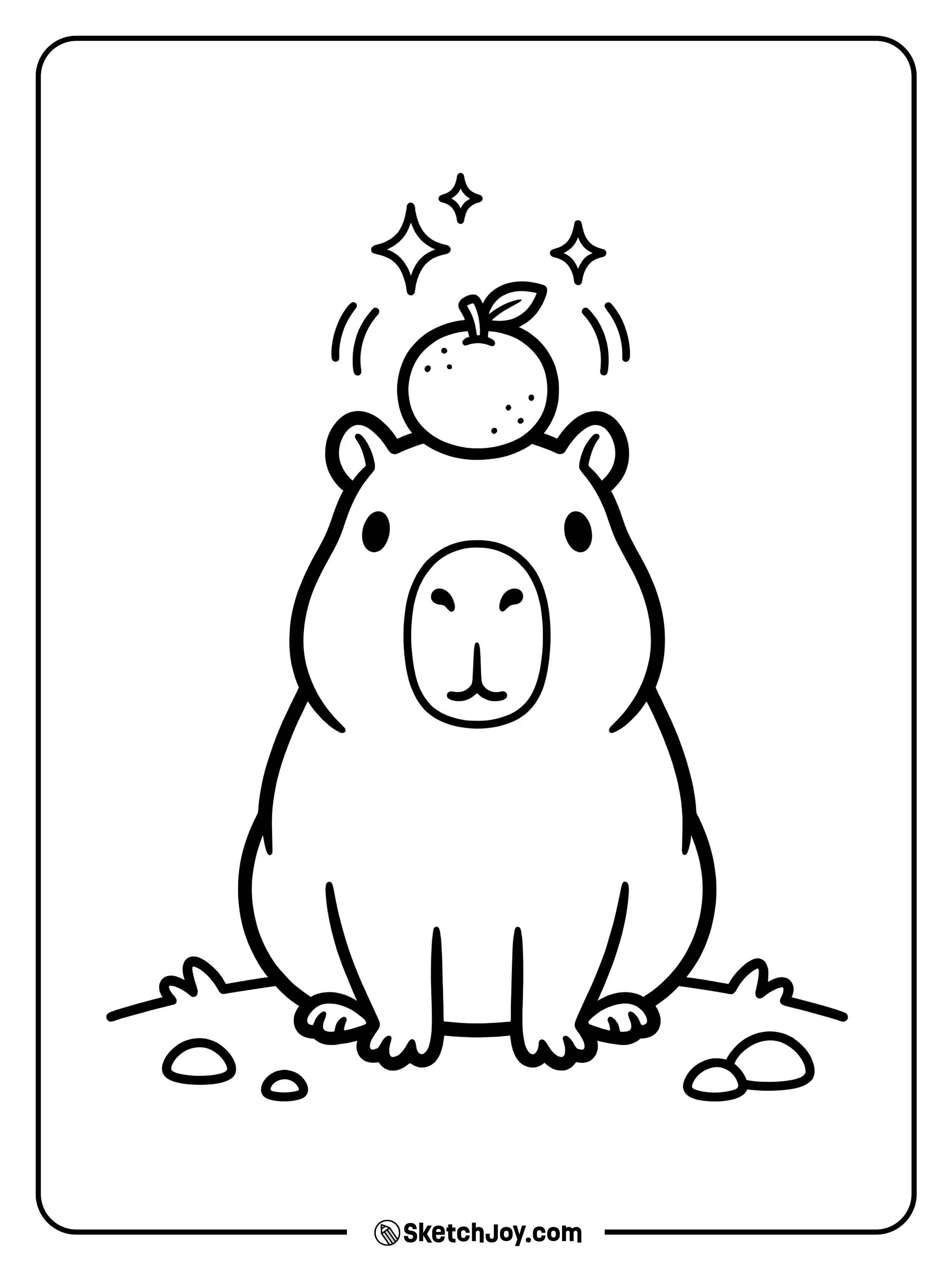 A capybara sits still with a round fruit balanced on its head.