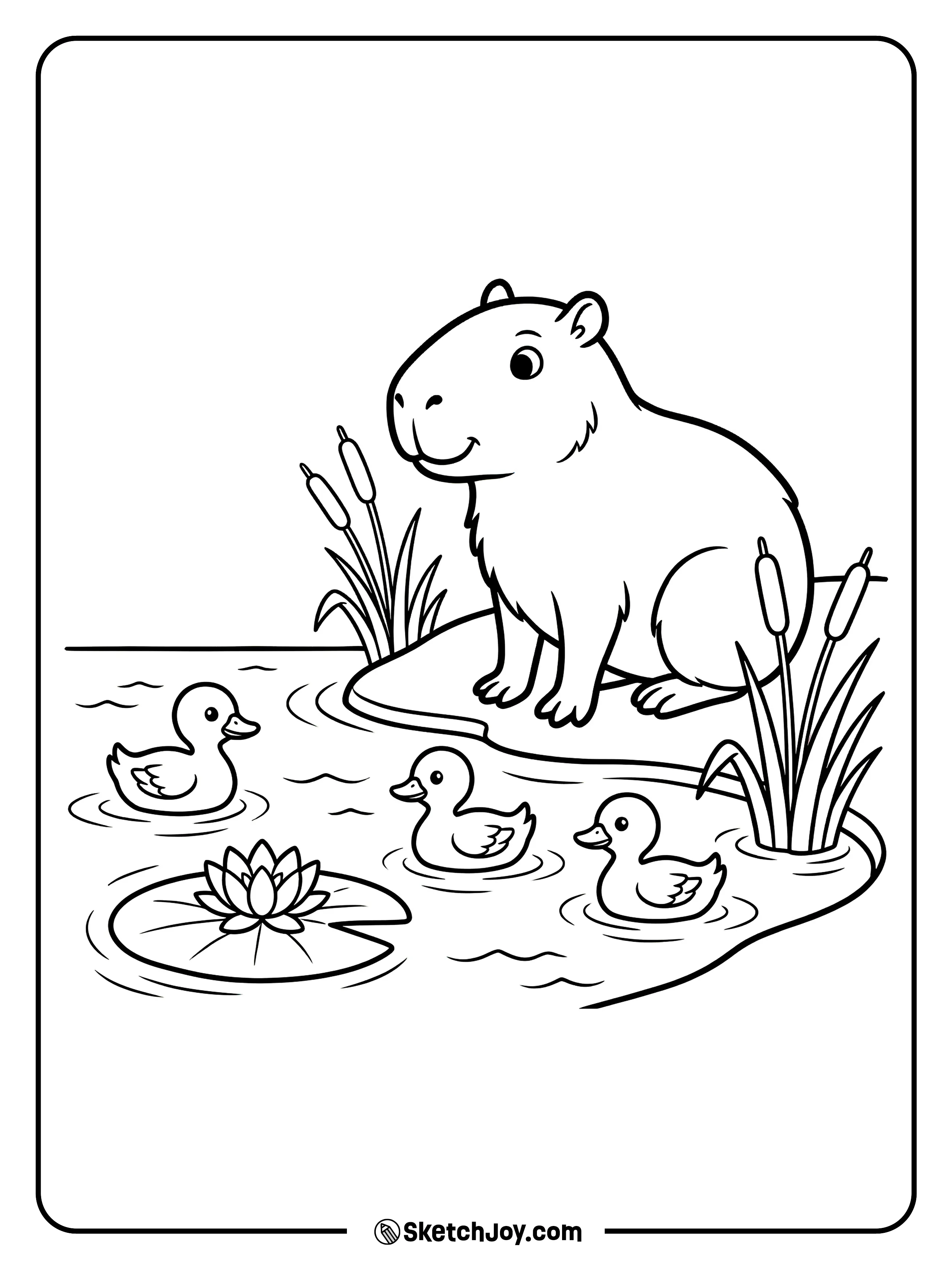 A capybara sits by the pond as ducklings swim past.