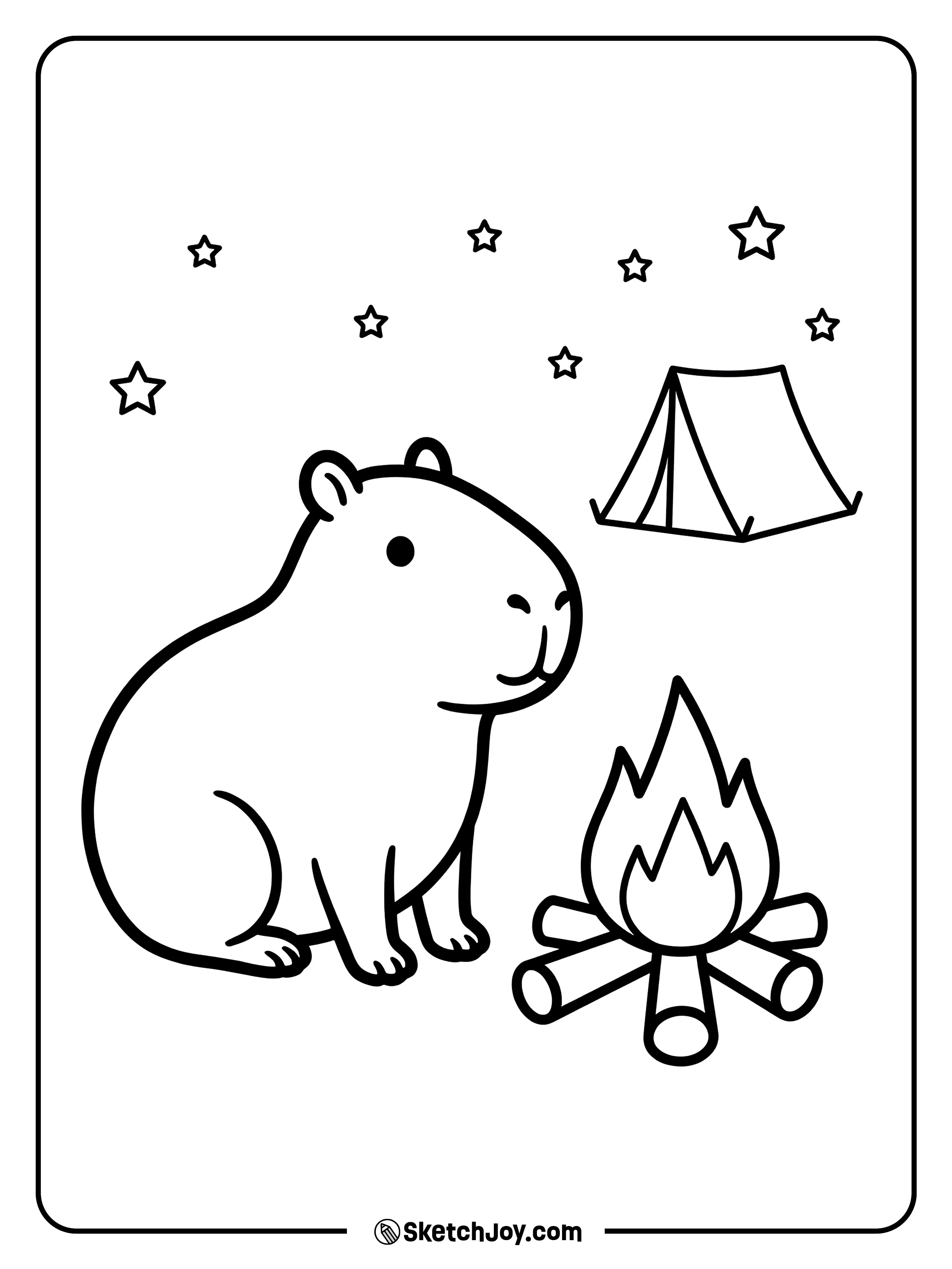 A capybara sits near a small campfire with simple flames.