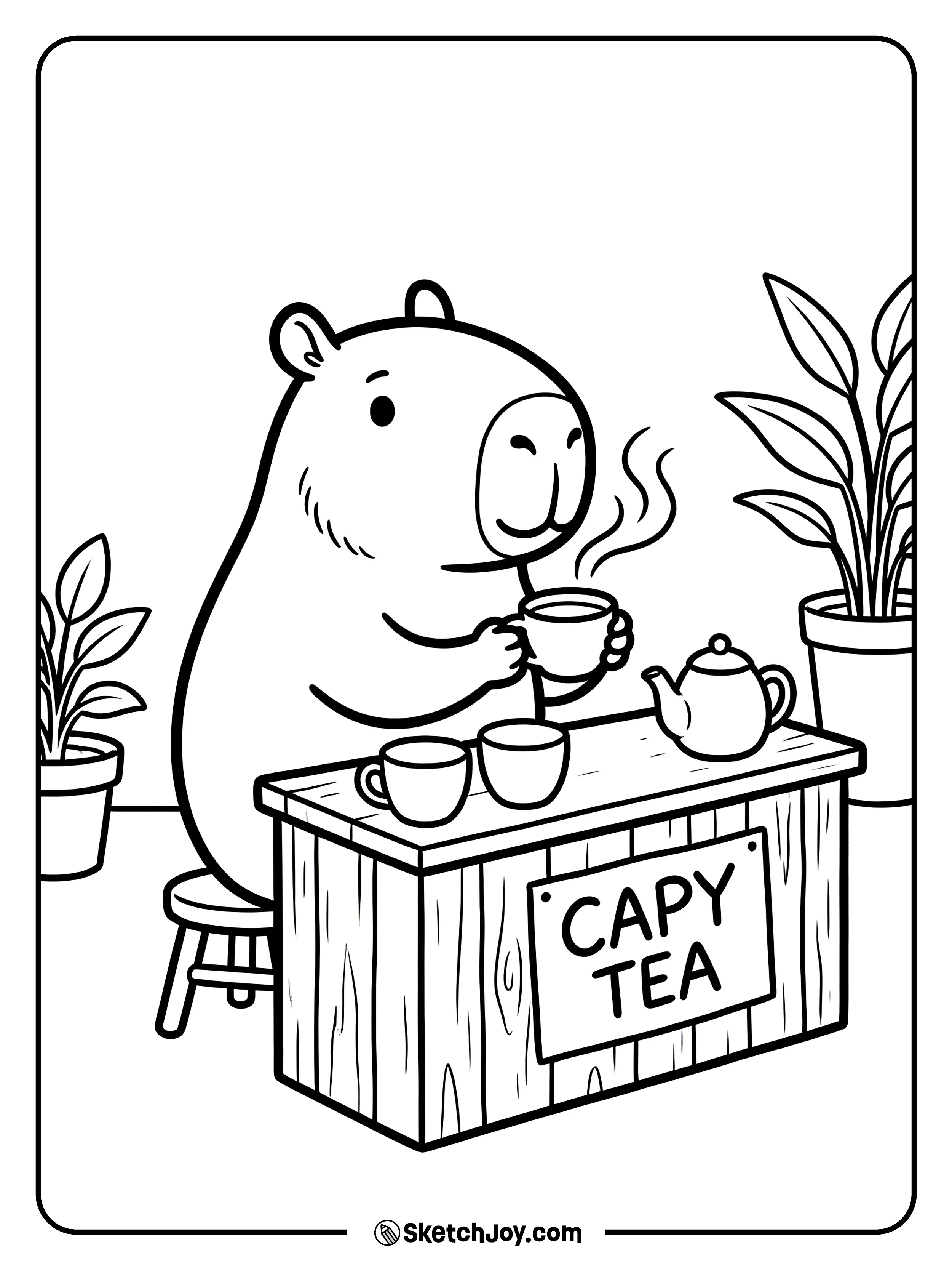 A capybara holds a warm cup while standing by a tiny stand sign.