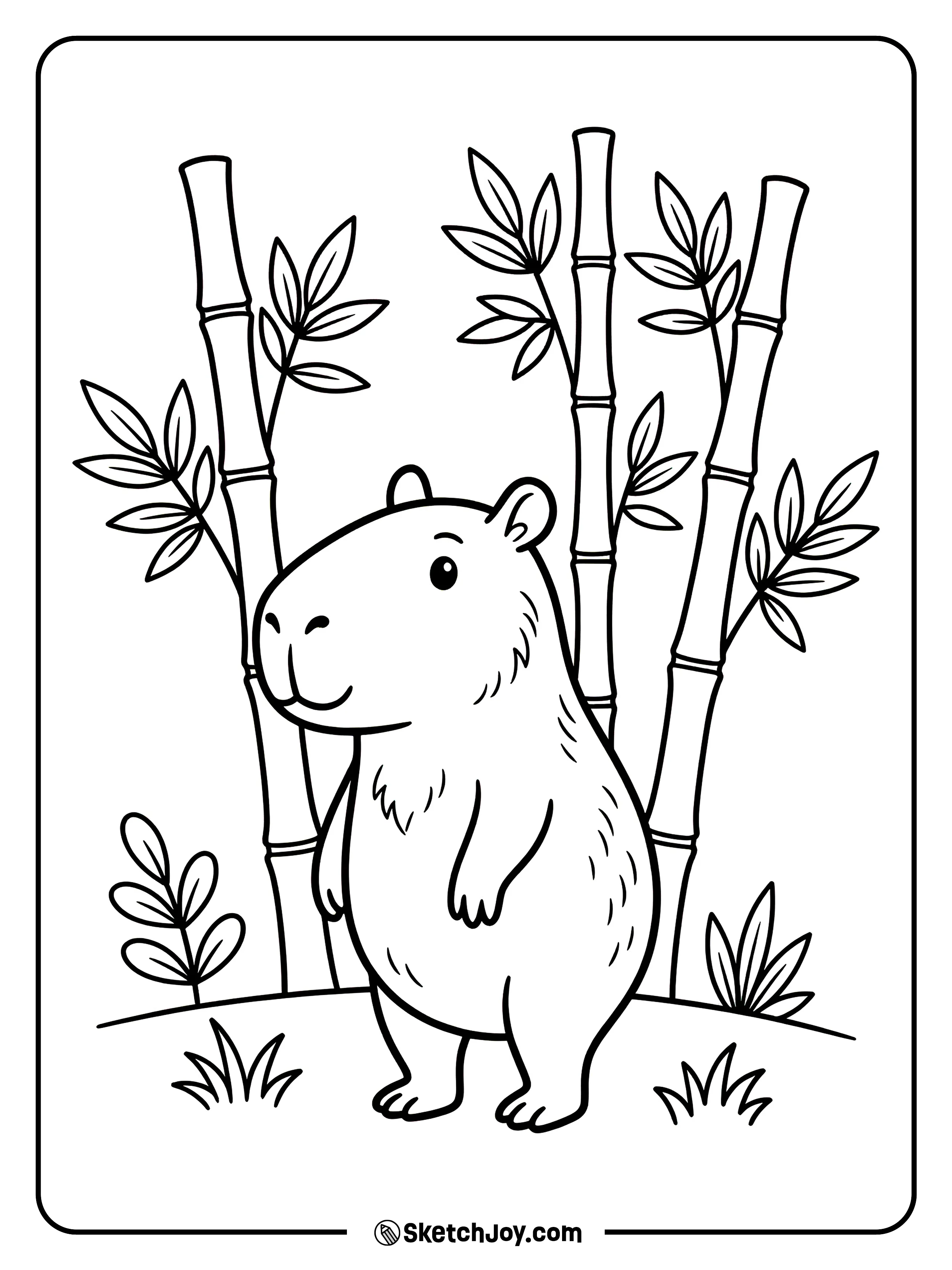 A capybara stands near tall bamboo stalks and leaves.