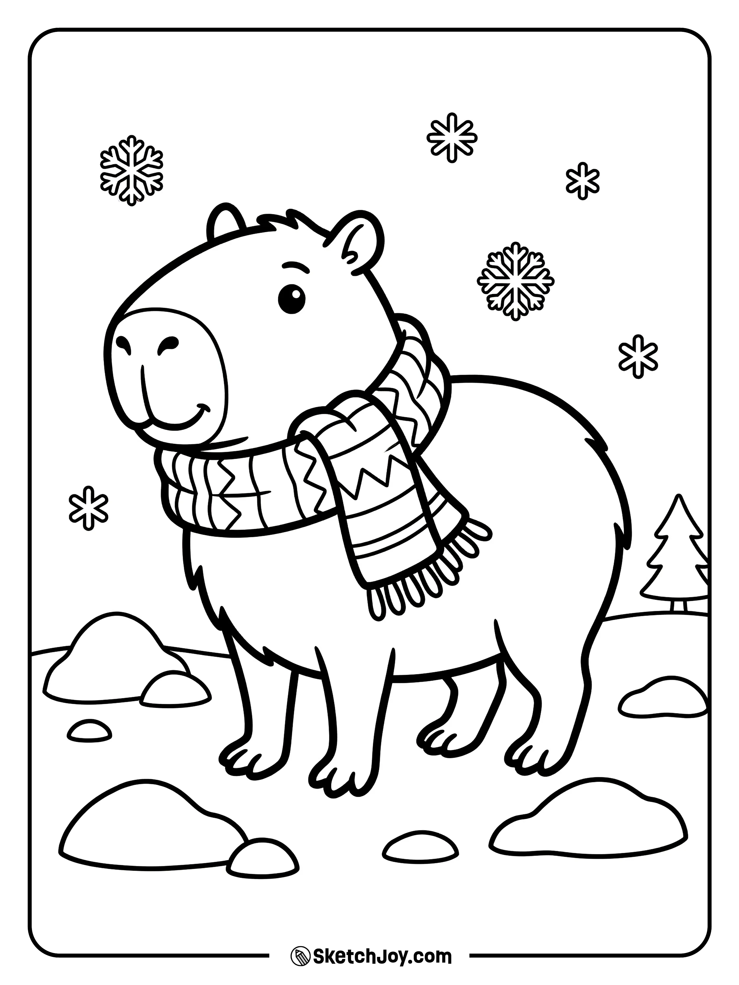 A capybara wears a scarf while standing in light snow.