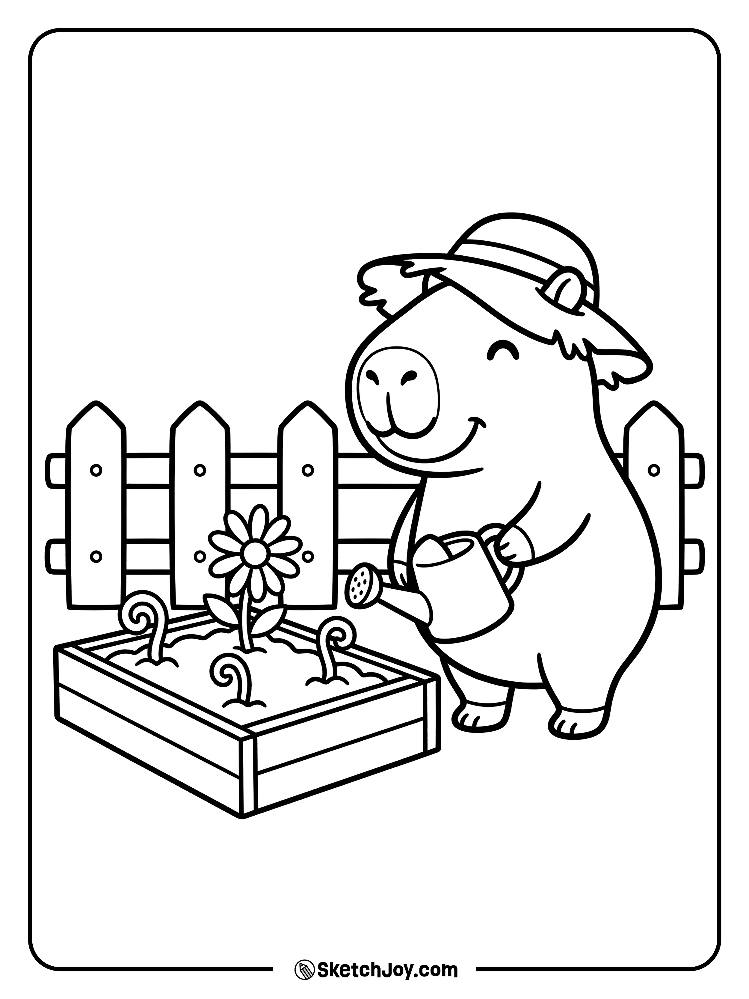 A capybara waters small plants with a little can.