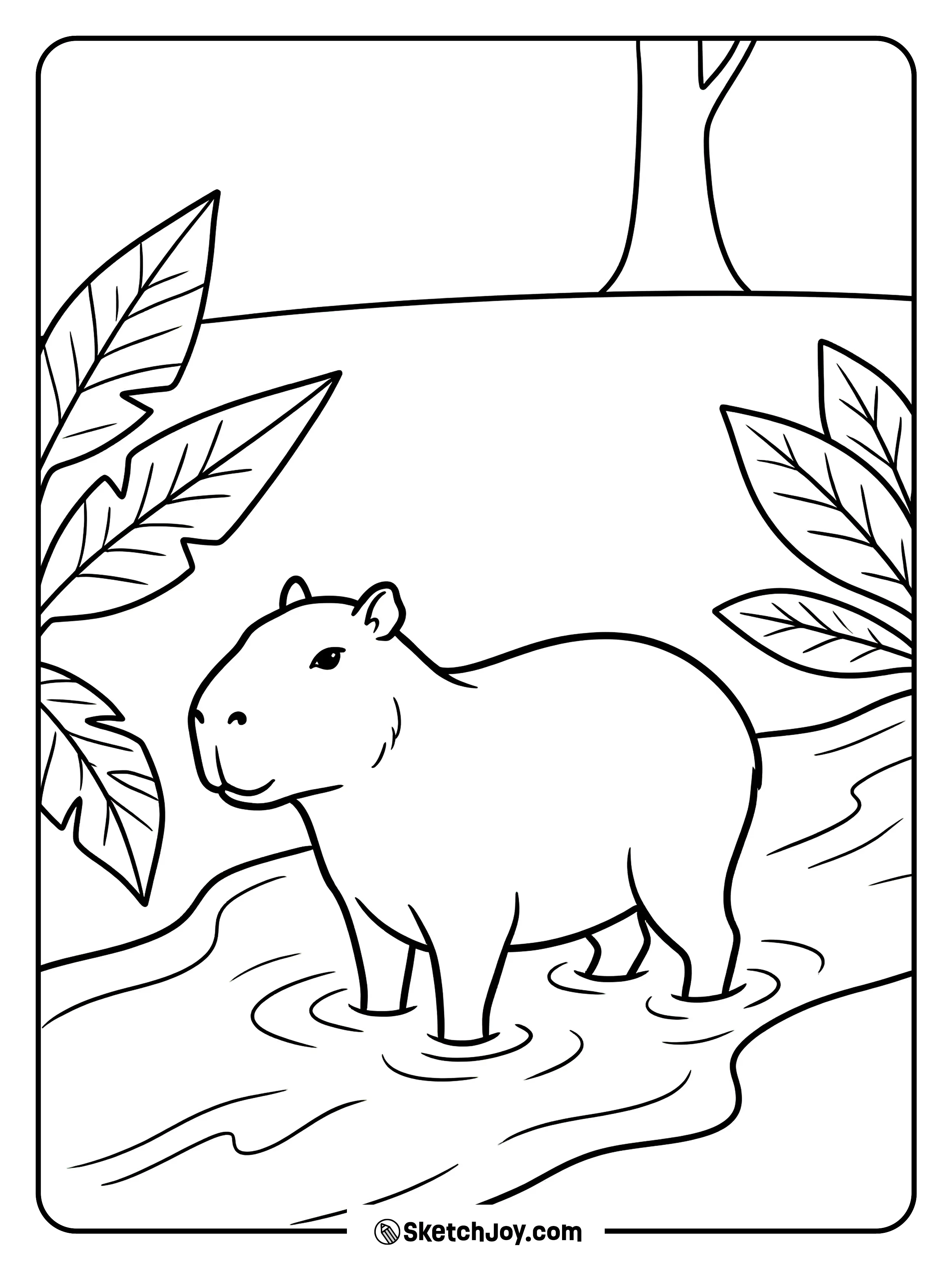 A capybara wades in a river with big leaves nearby.