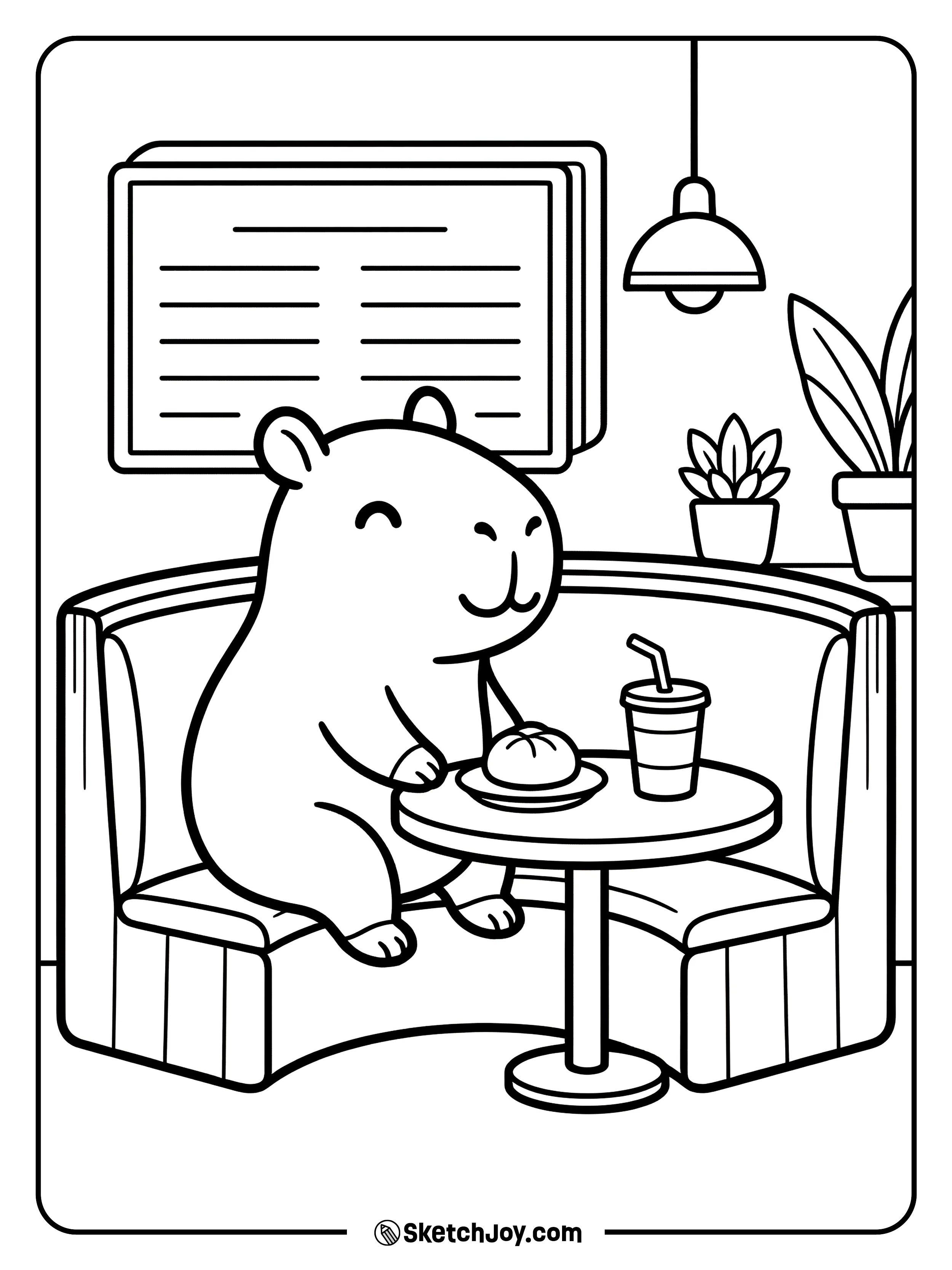 A capybara sits at a booth with a snack and a drink.