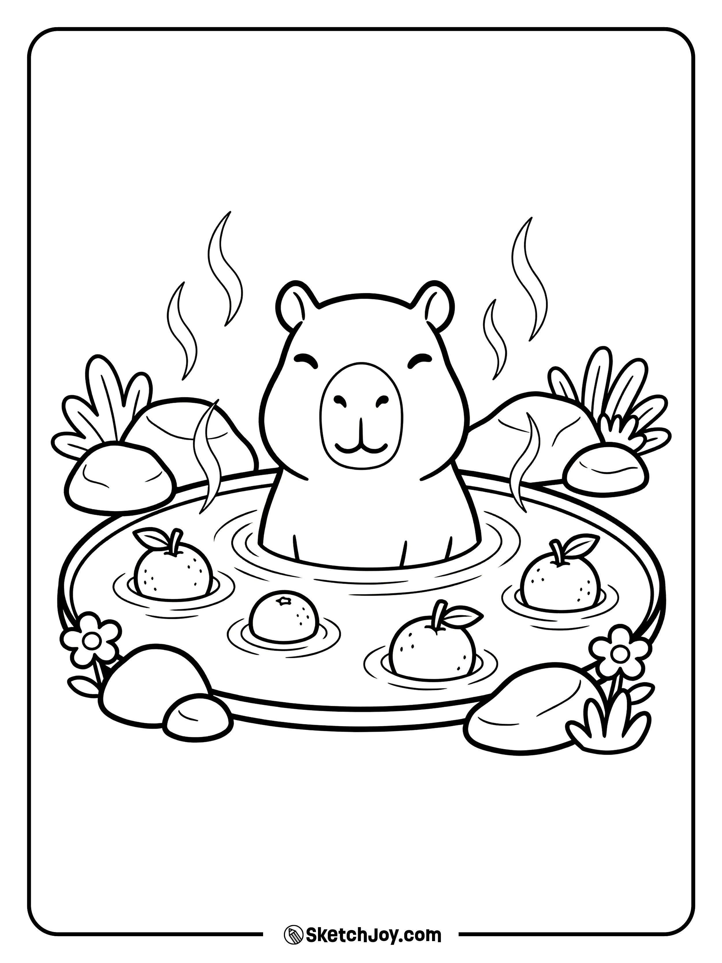 A calm capybara relaxes in warm water with round yuzu fruits floating around.