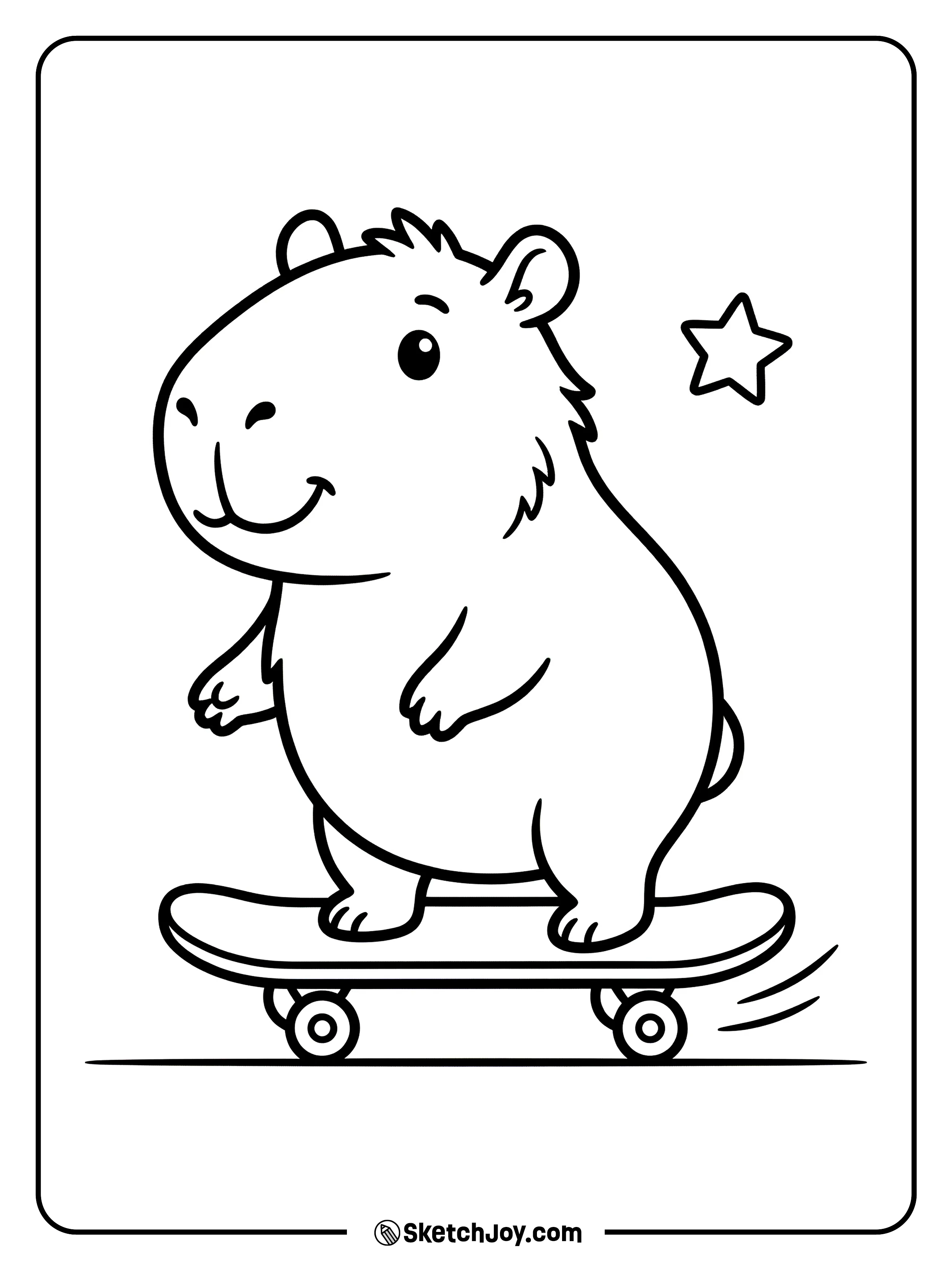 A capybara rides a skateboard with a big smile.