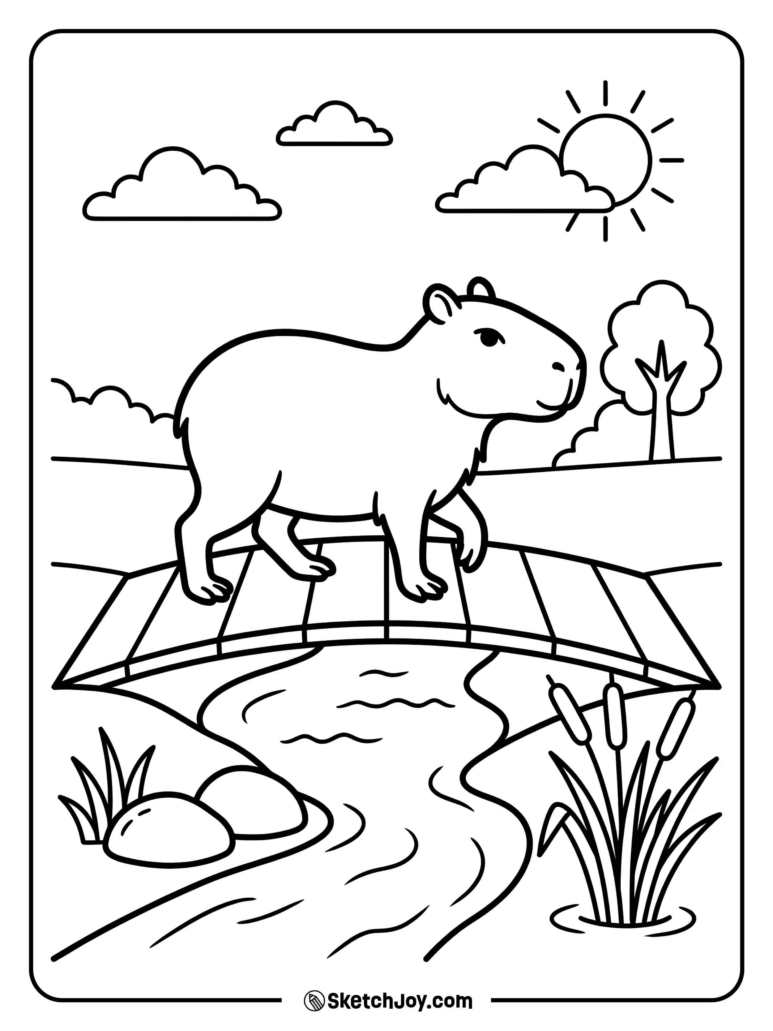 A capybara crosses a little bridge over a quiet stream.