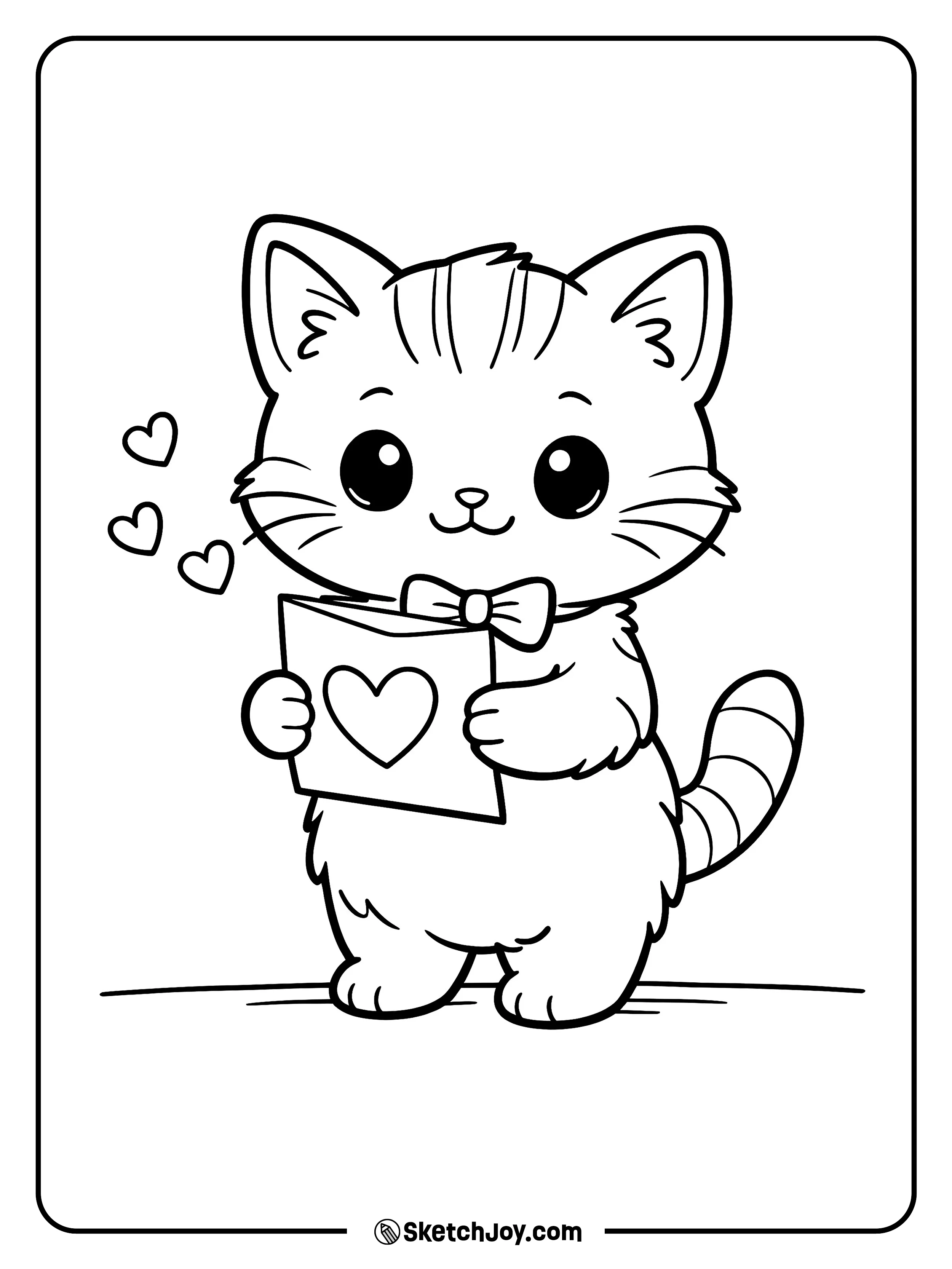 A cute cat offers a card with a heart on it.