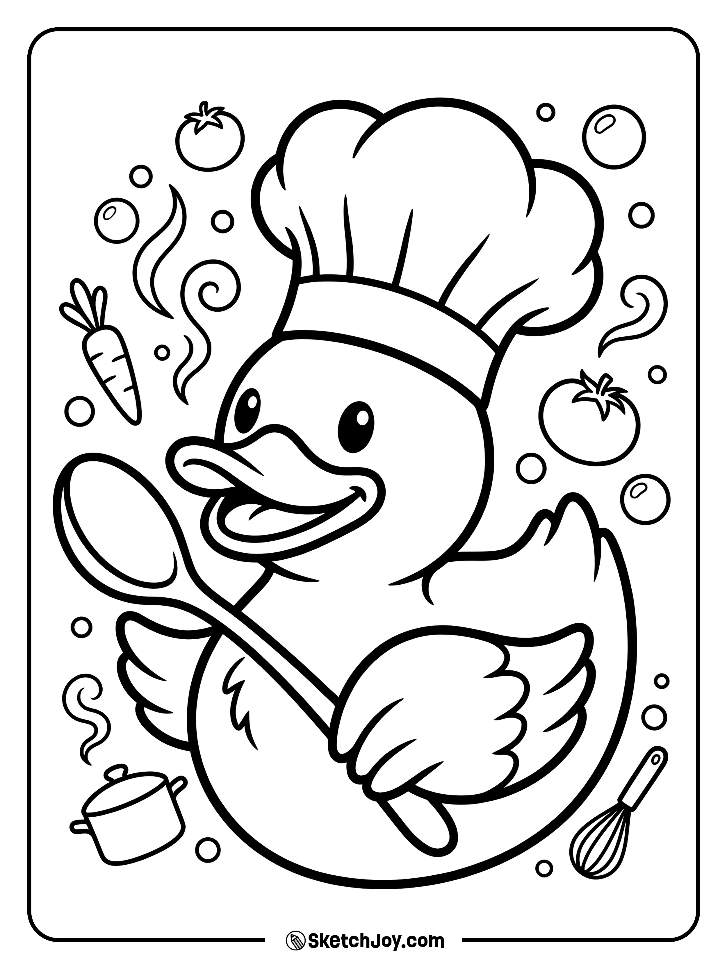 A rubber duck wearing a chef hat and holding a spoon.