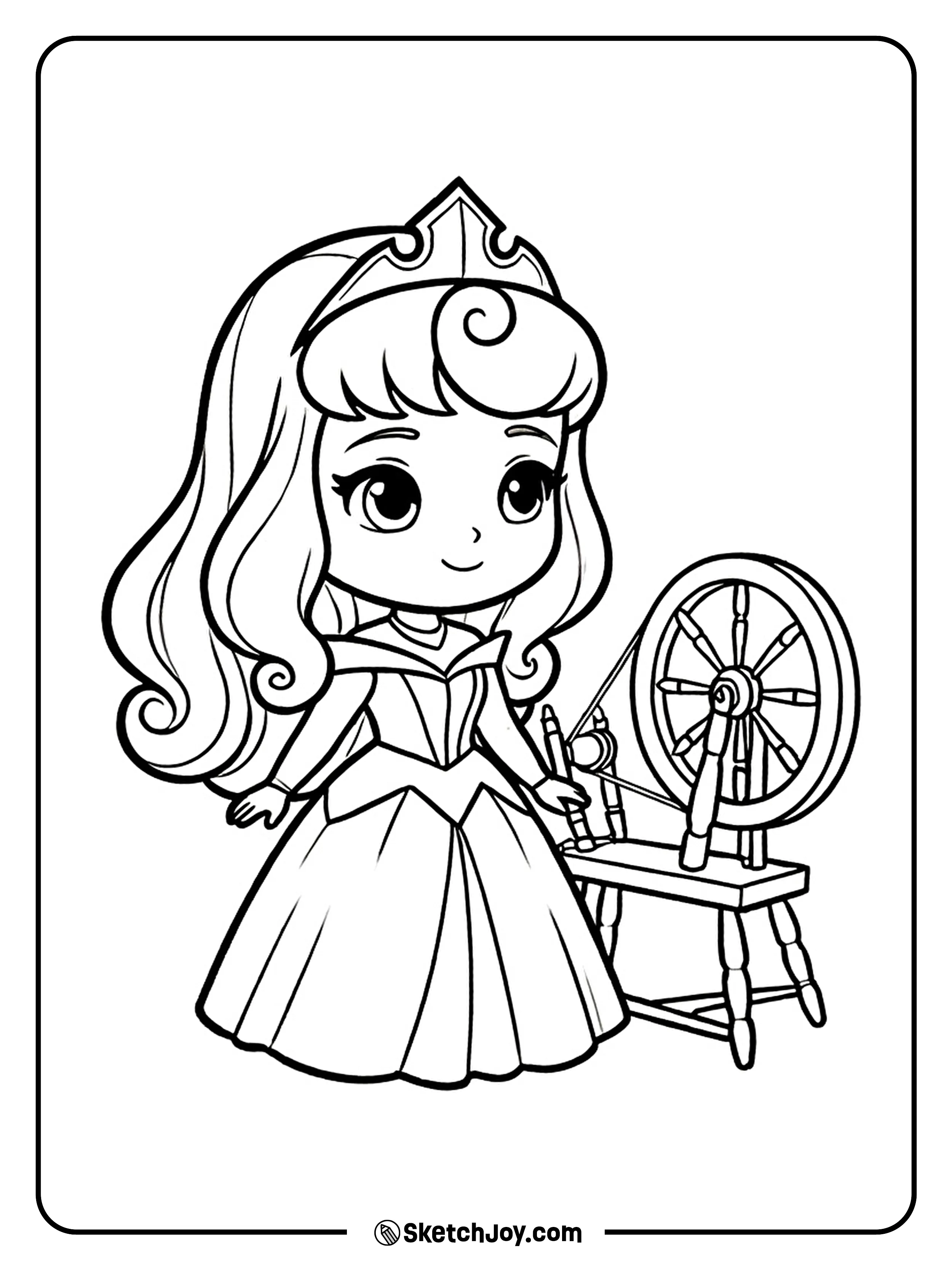 A cute chibi Aurora stands next to a spinning wheel with her crown on.