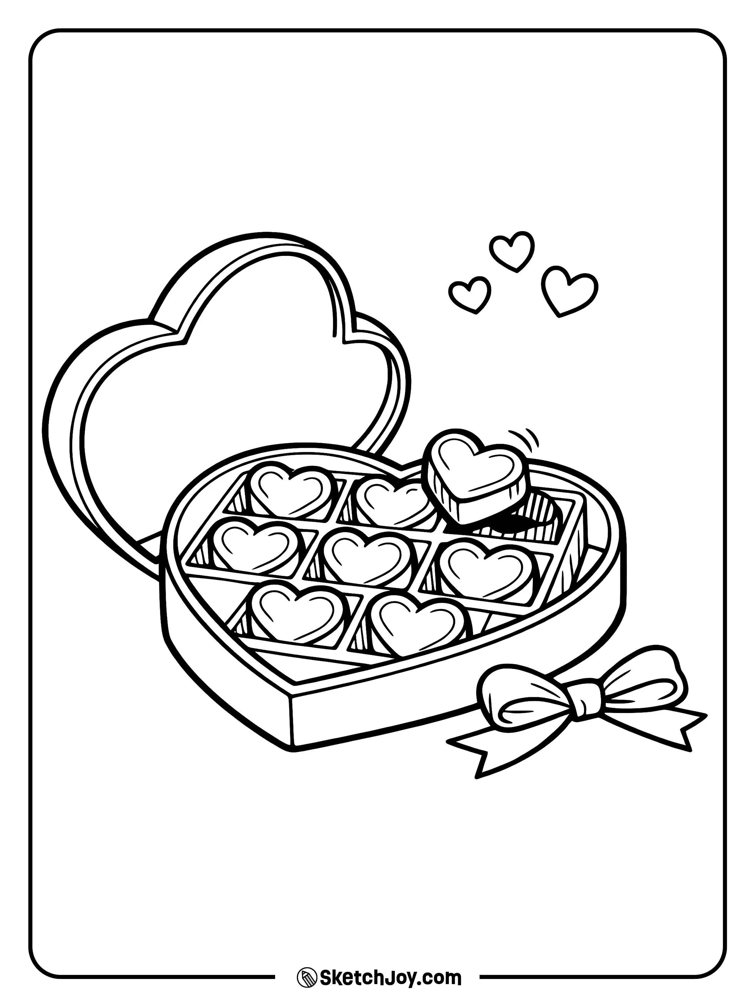 An open chocolate box shows heart treats inside.