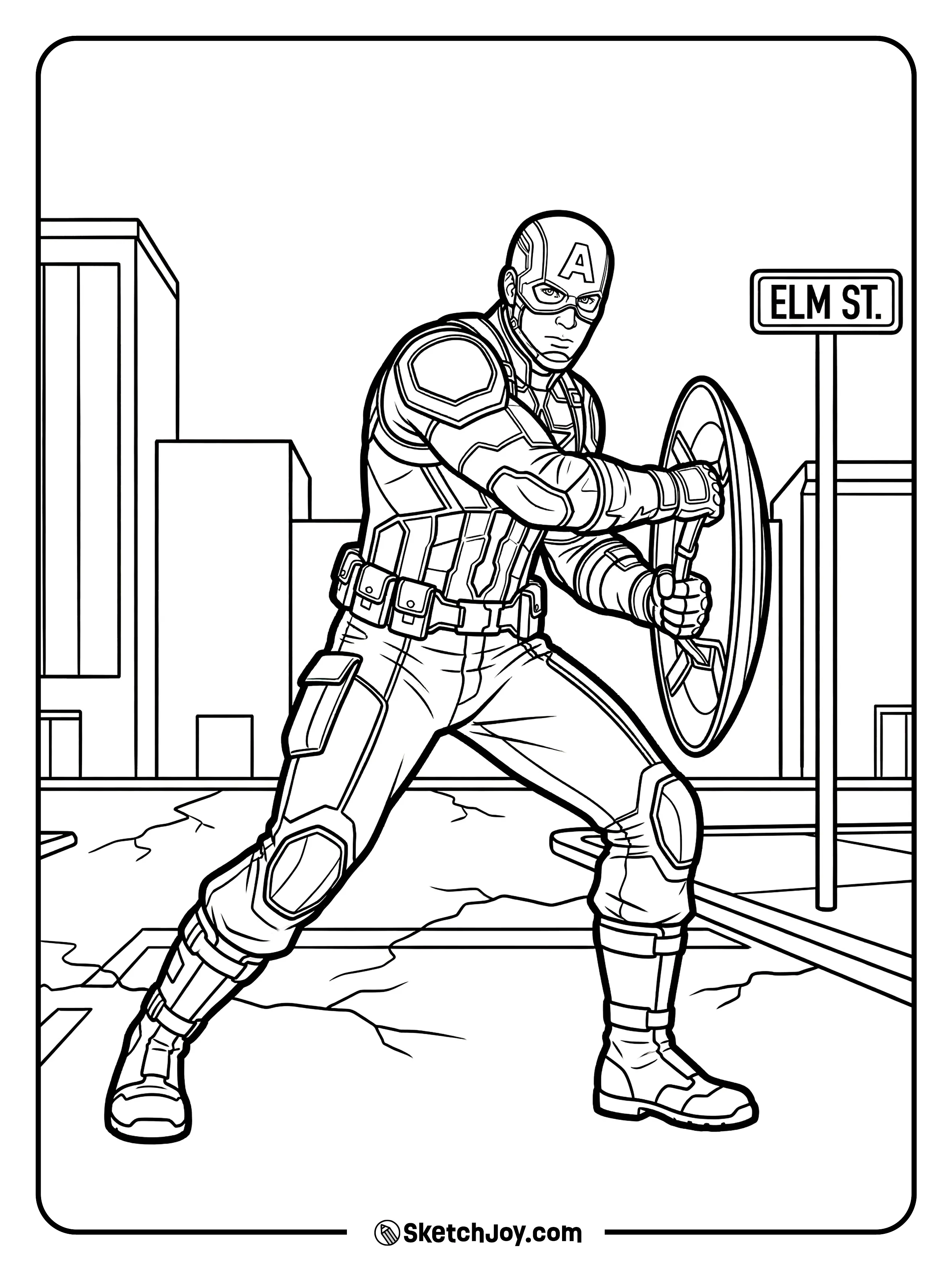 Captain America faces danger in the middle of the street.