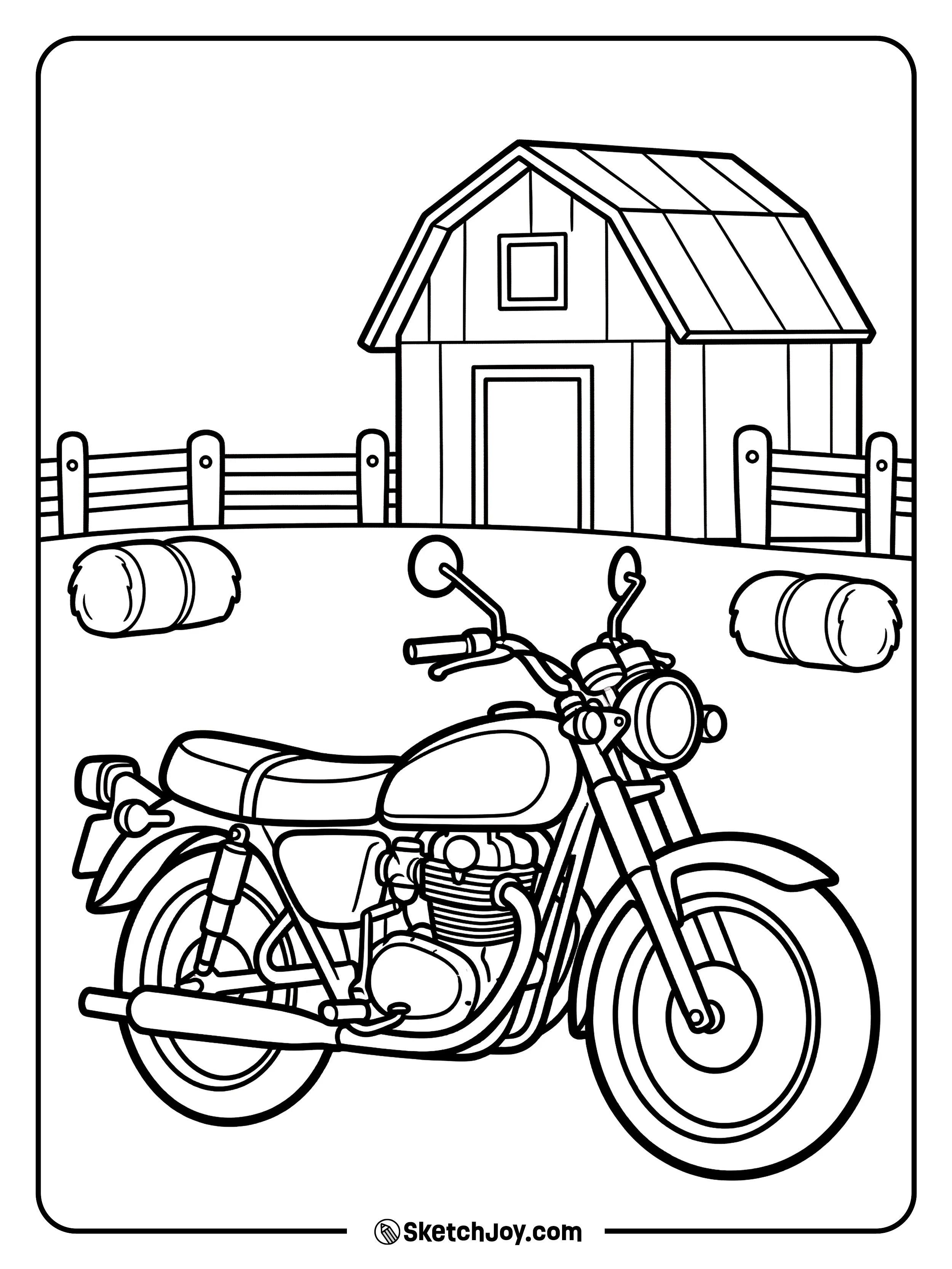 A classic bike rests near a small barn and fence.