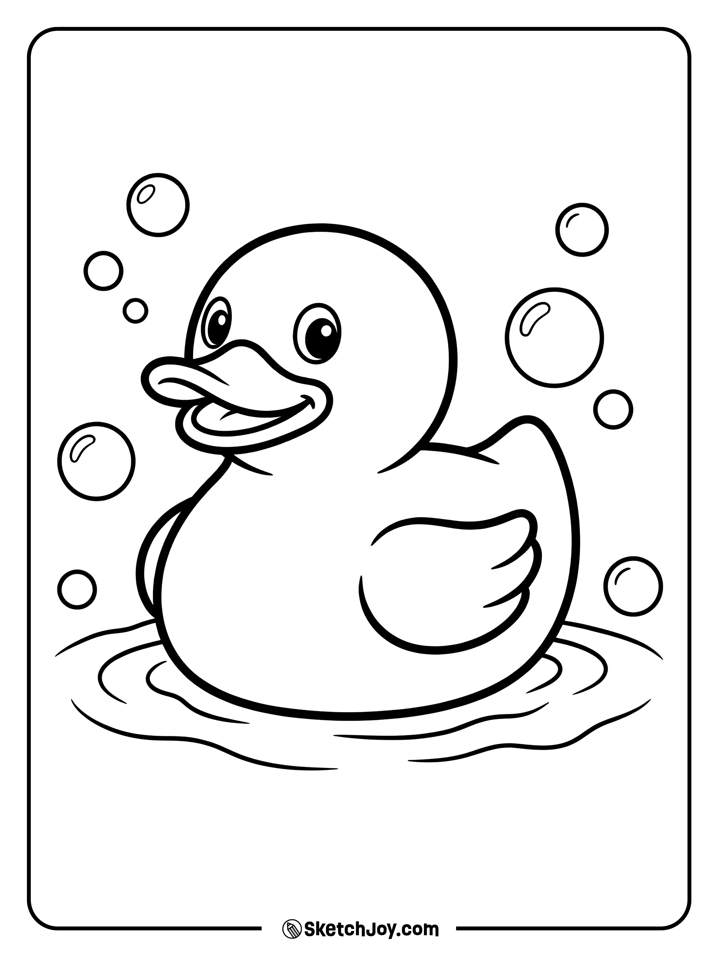 A happy yellow rubber duck floating with a big smile.