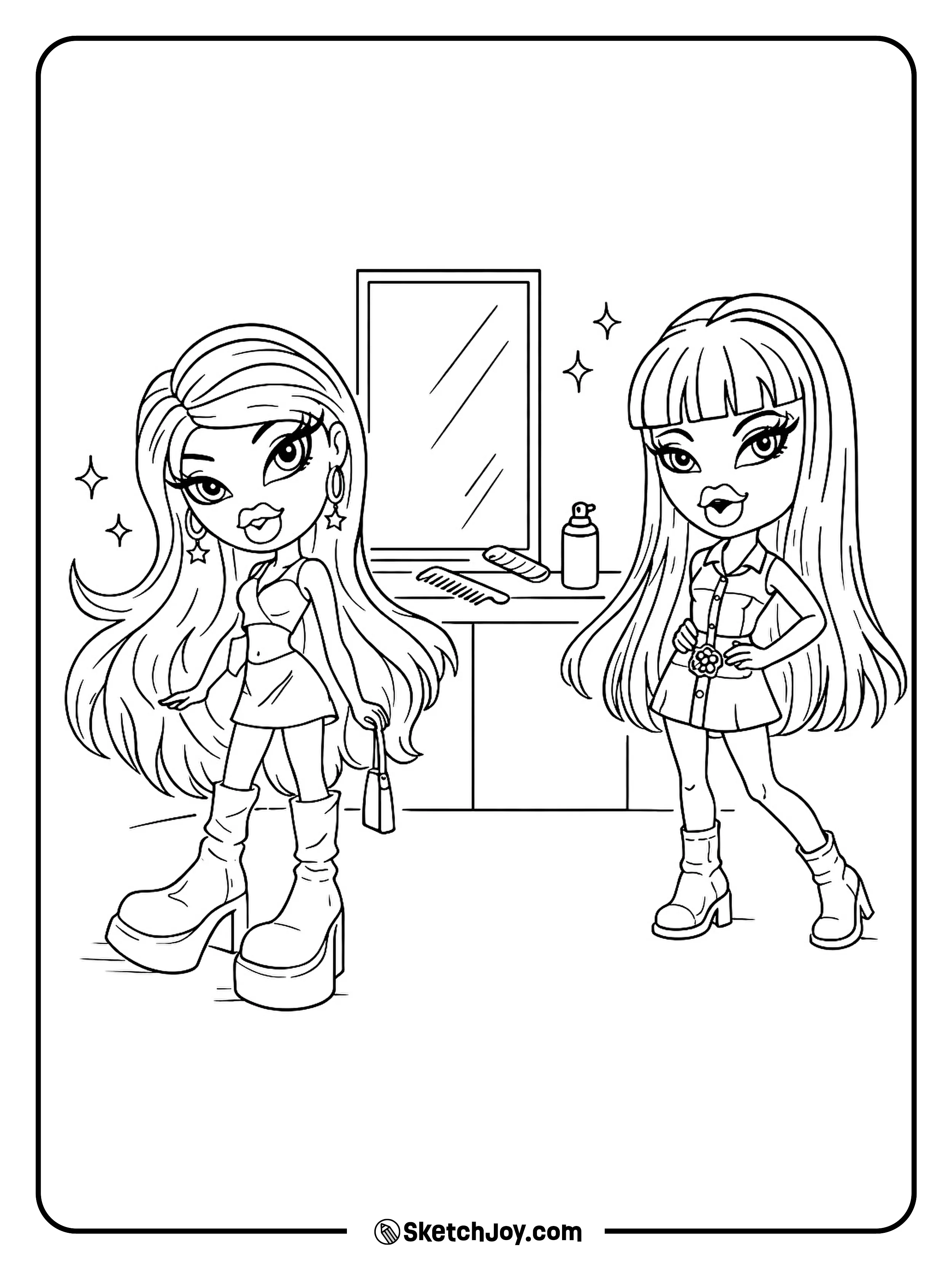 Cloe and Meygan try new hair styles at a cute salon station.