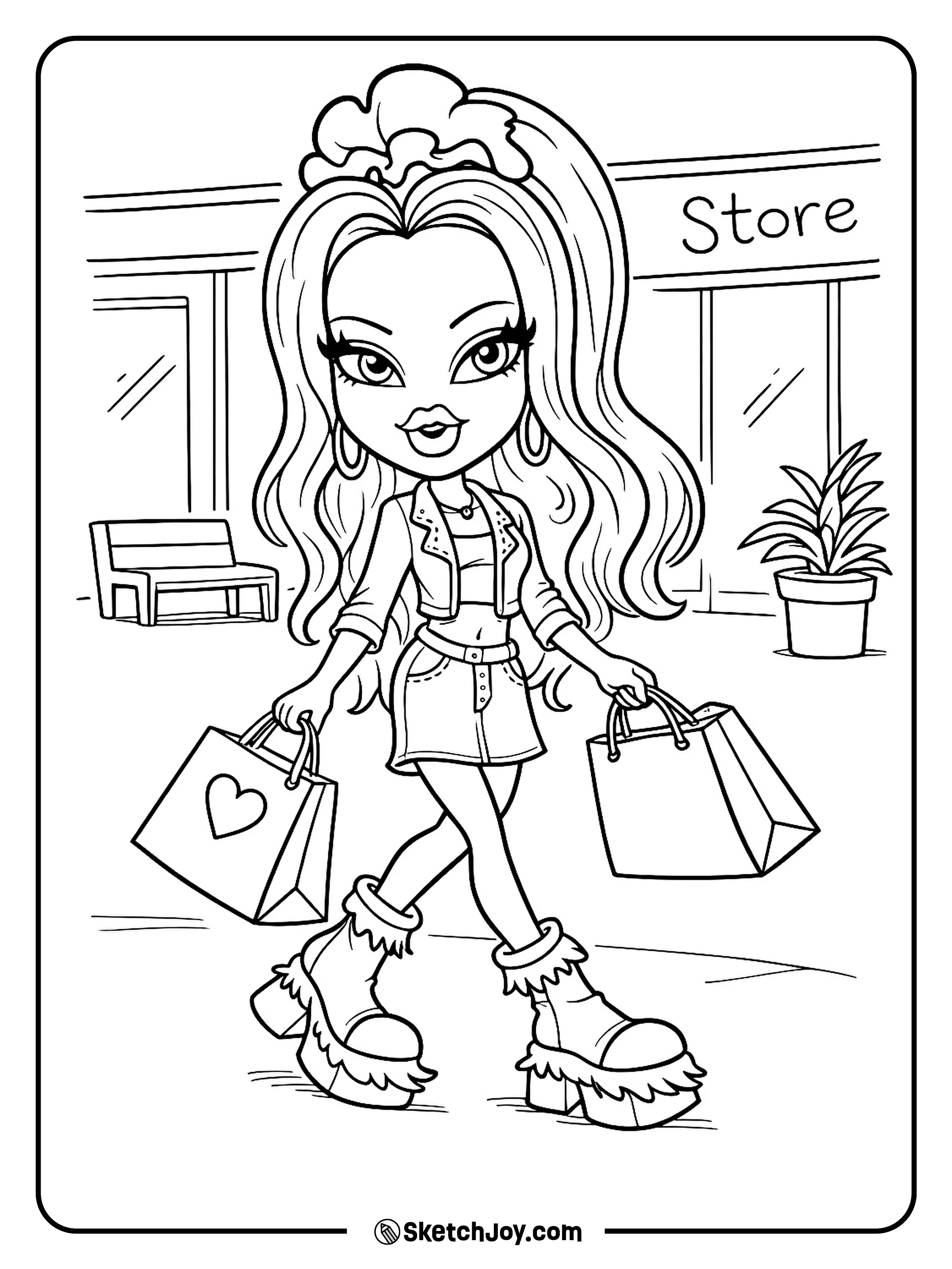 Cloe holds shopping bags near a cute store sign and a small bench.